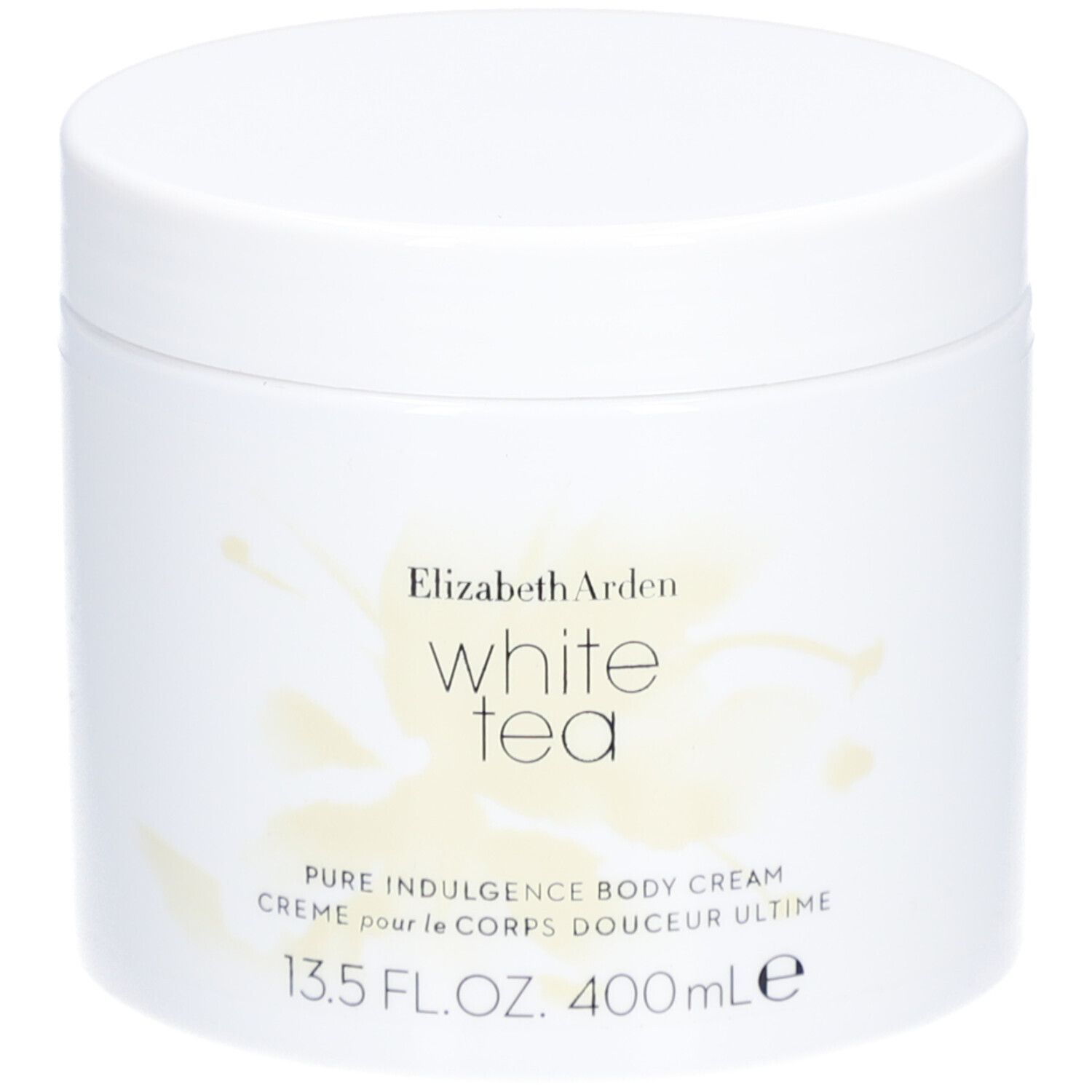 Pot blanc avec couvercle. Inscription: Elizabeth Arden White Tea Pure Indulgence Body Cream. 13.5 FL.OZ. 400 ml.