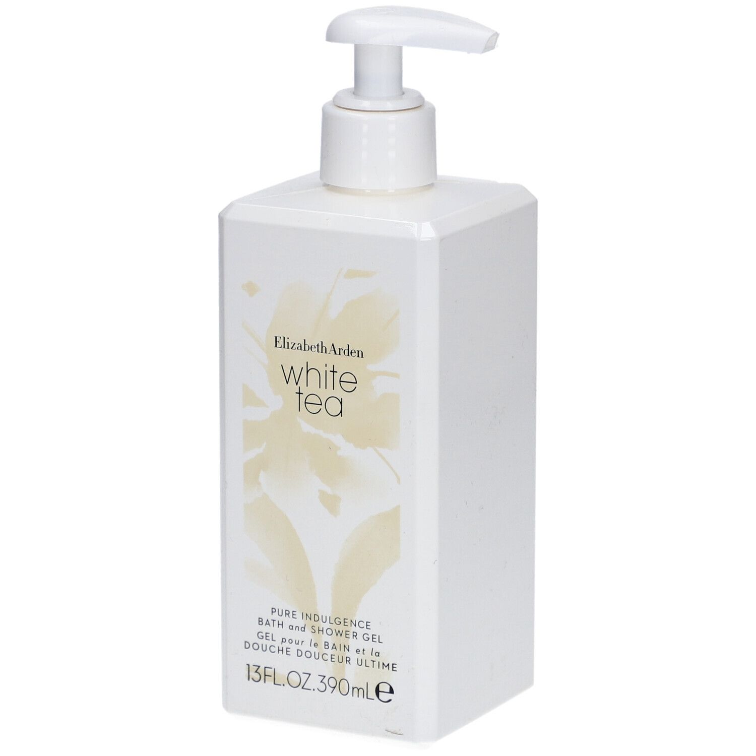 Gel douche blanc avec pompe. Inscription : Elizabeth Arden White Tea. 13 fl oz.