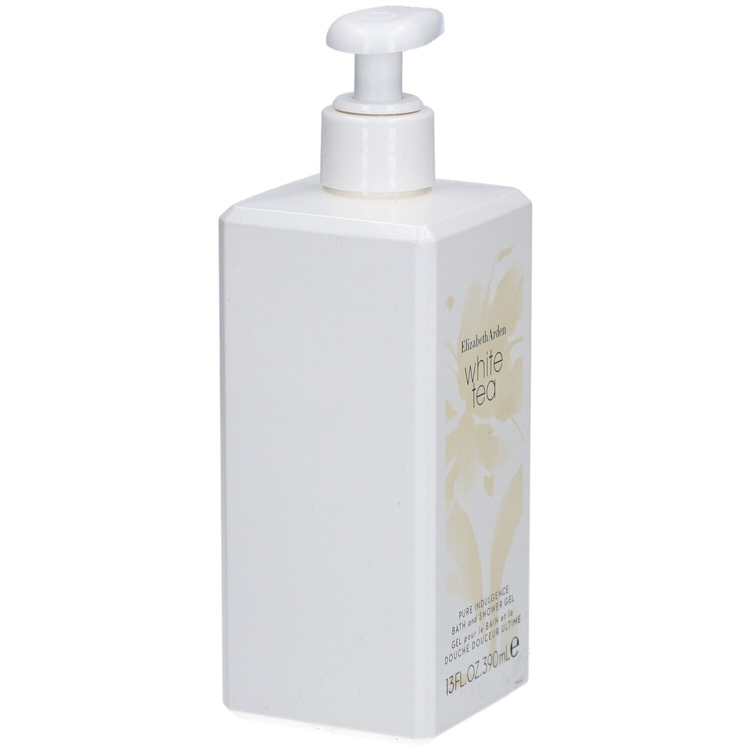 Gel douche blanc avec pompe. Inscription : Elizabeth Arden White Tea. 13 fl oz.