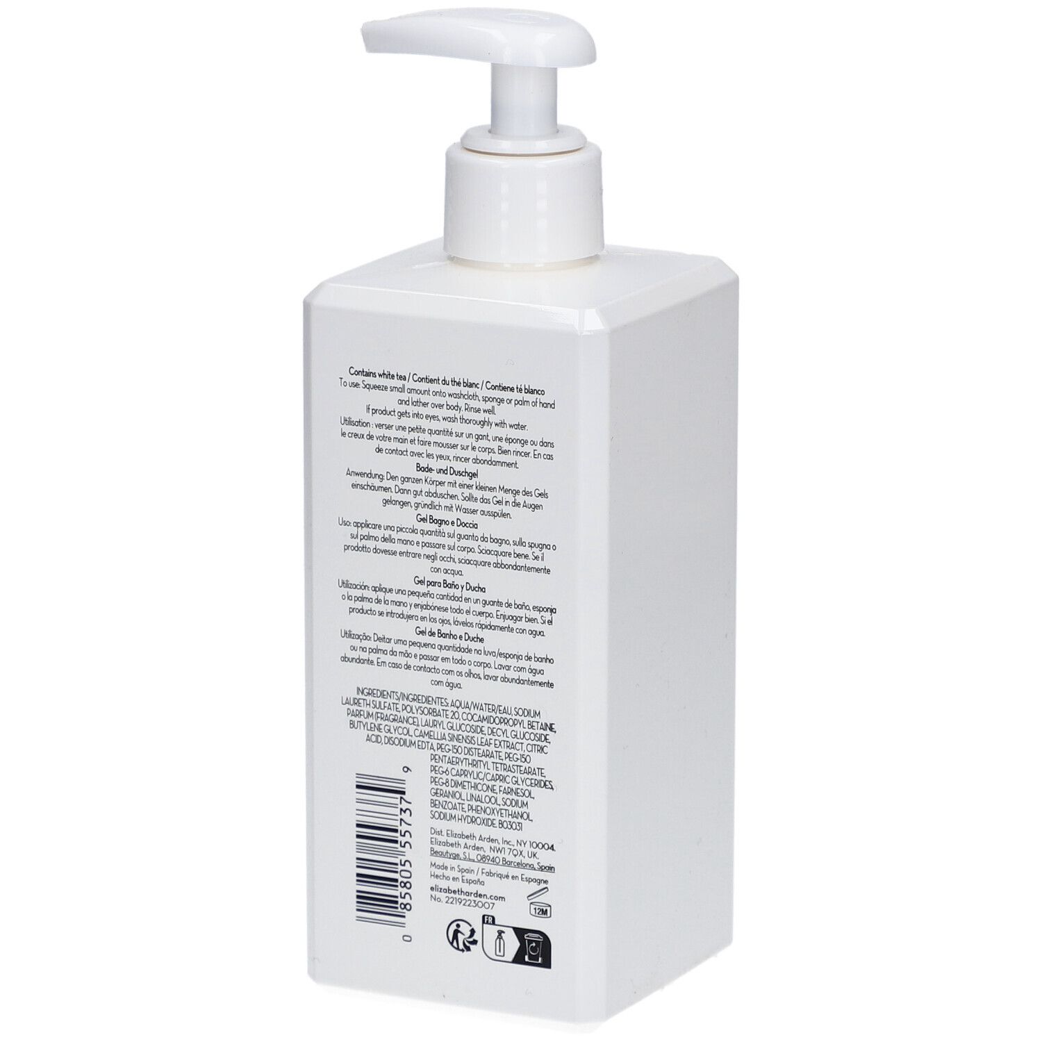 Dos du gel douche blanc avec pompe. Texte et code-barres visibles.