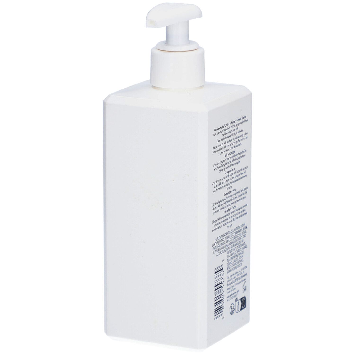 Dos du gel douche blanc avec pompe. Texte et code-barres visibles.