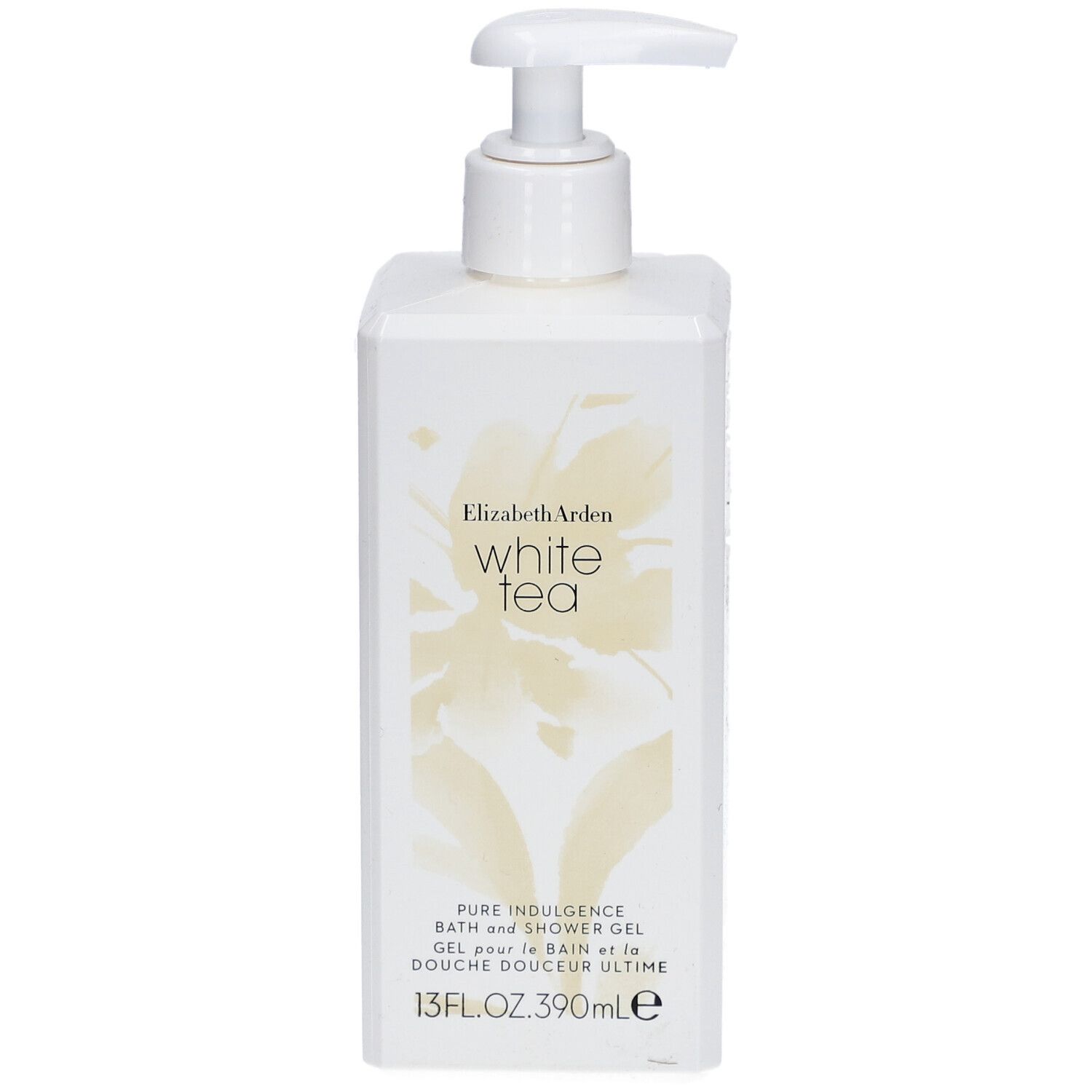 Gel douche blanc avec pompe. Inscription : Elizabeth Arden White Tea. 13 fl oz.