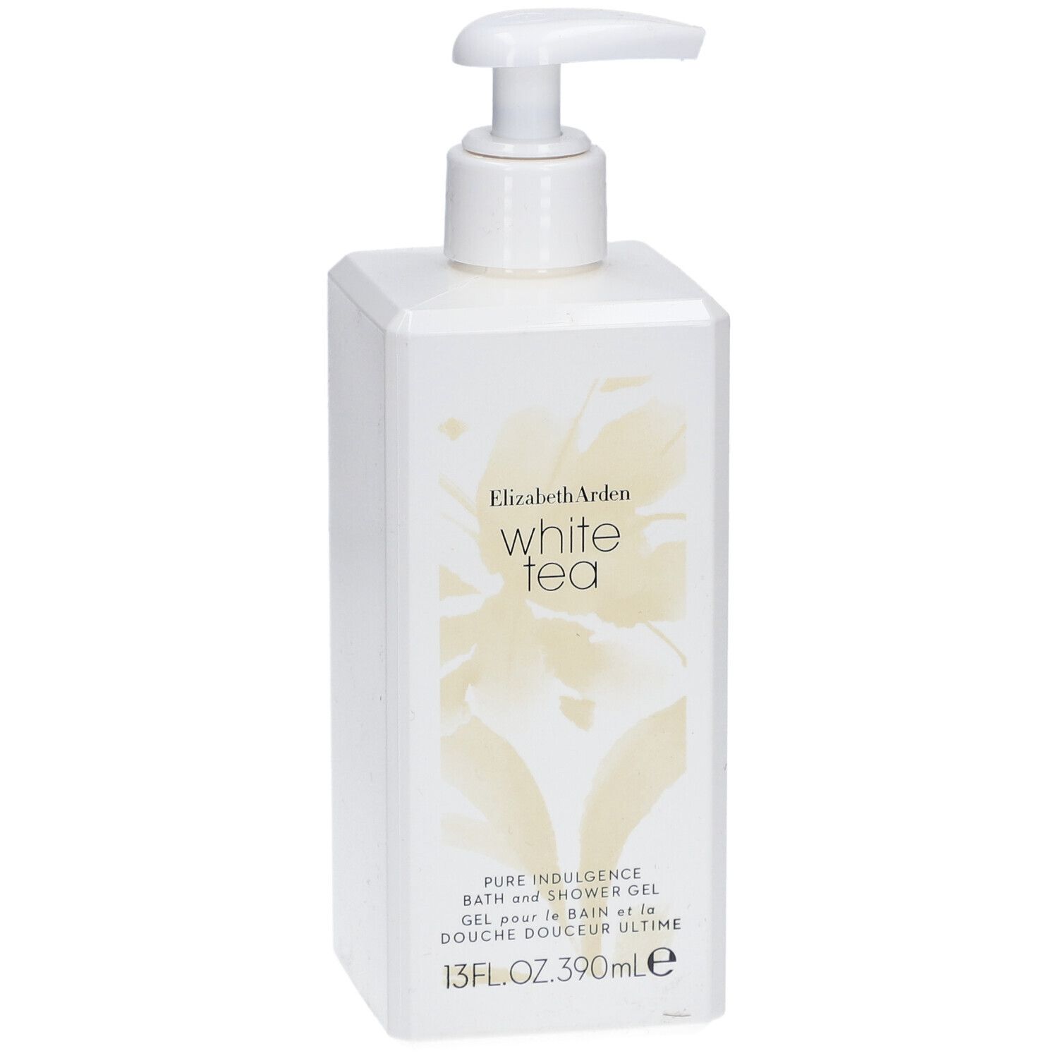 Gel douche blanc avec pompe. Inscription : Elizabeth Arden White Tea. 13 fl oz.
