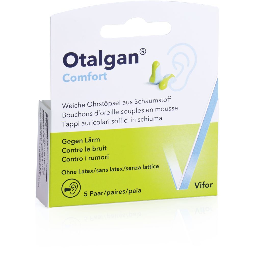 Emballage OTALGAN® Komfort. Bouchons d'oreille souples en mousse. 5 paires. Texte en allemand, français, italien.