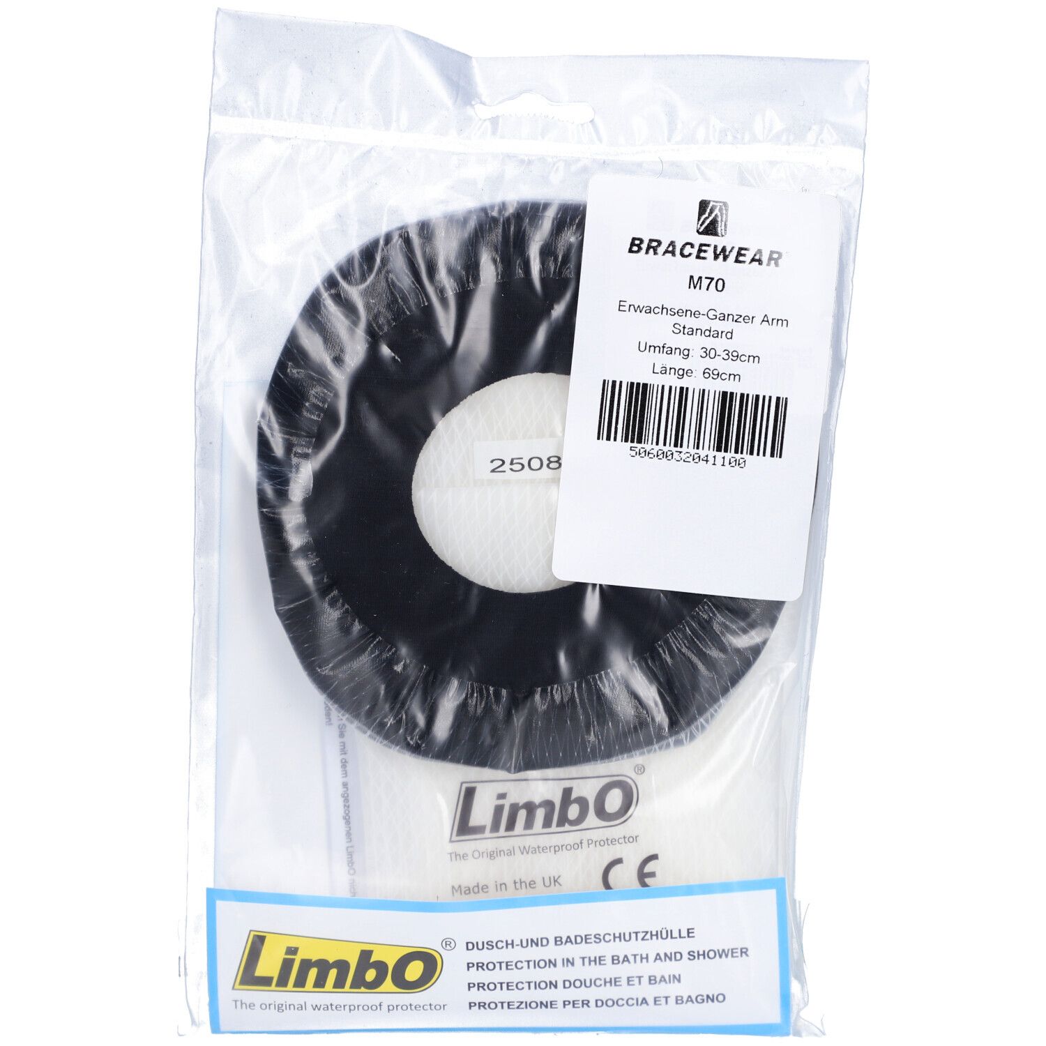 Protection de bras noire et ronde dans un emballage plastique. Intérieur blanc. Étiquette avec informations.