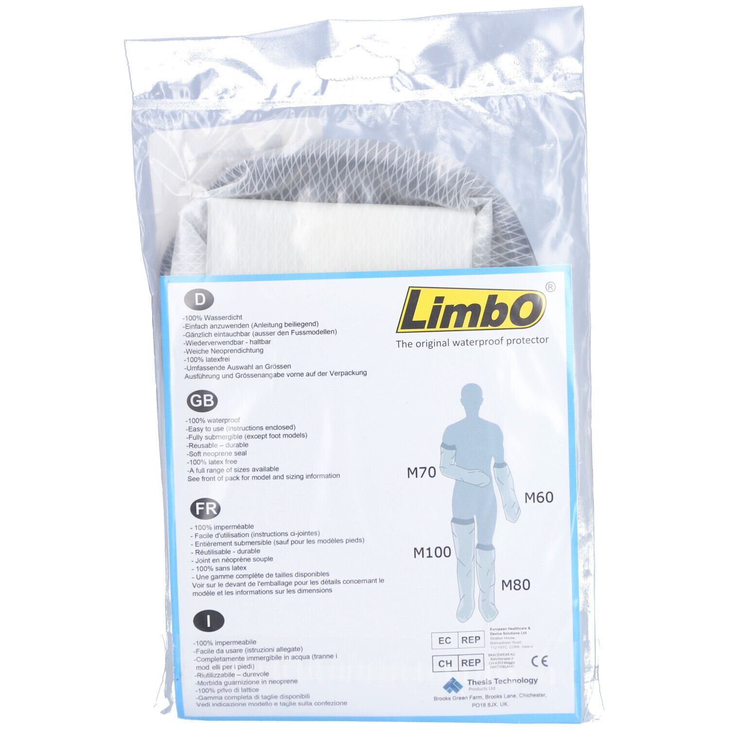 Emballage plastique avec protection de bras. Étiquette avec informations et tailles. Illustration d'un bras.