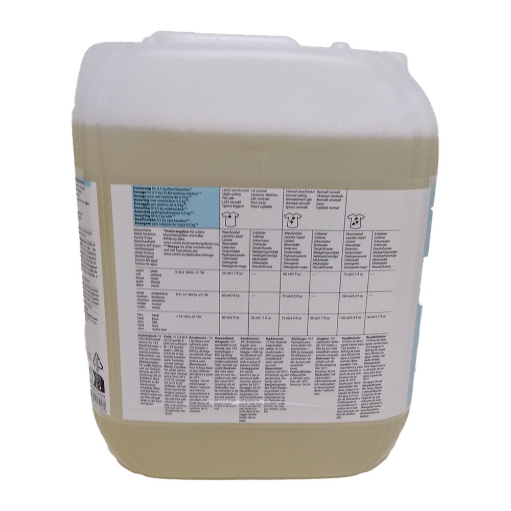 Dos d'un bidon de lessive liquide. Texte multilingue. Bidon blanc avec liquide jaune clair.