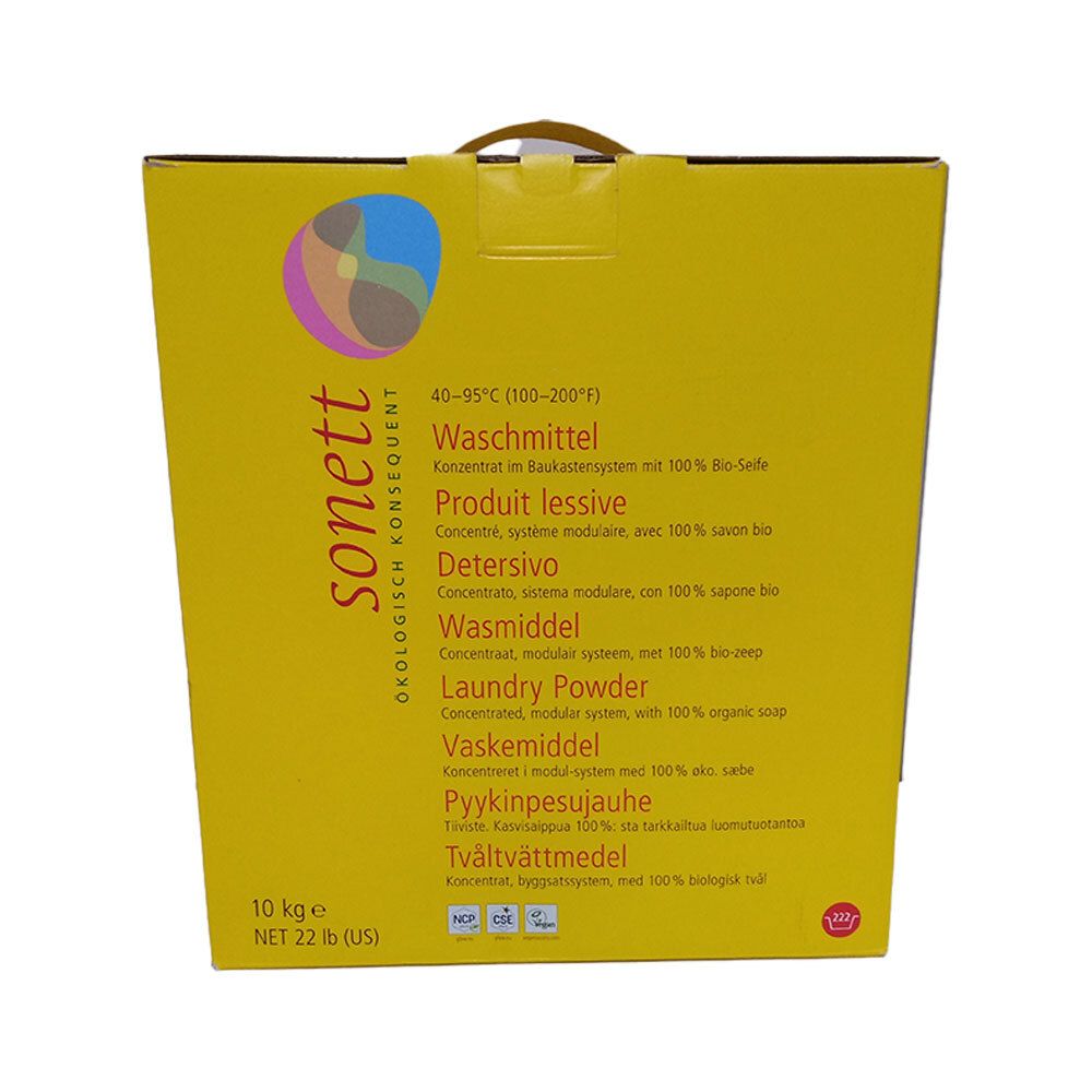 Emballage carton jaune. Inscription "sonett", lessive, 40-95°C. Désignations multilingues du produit. Poids : 10 kg.