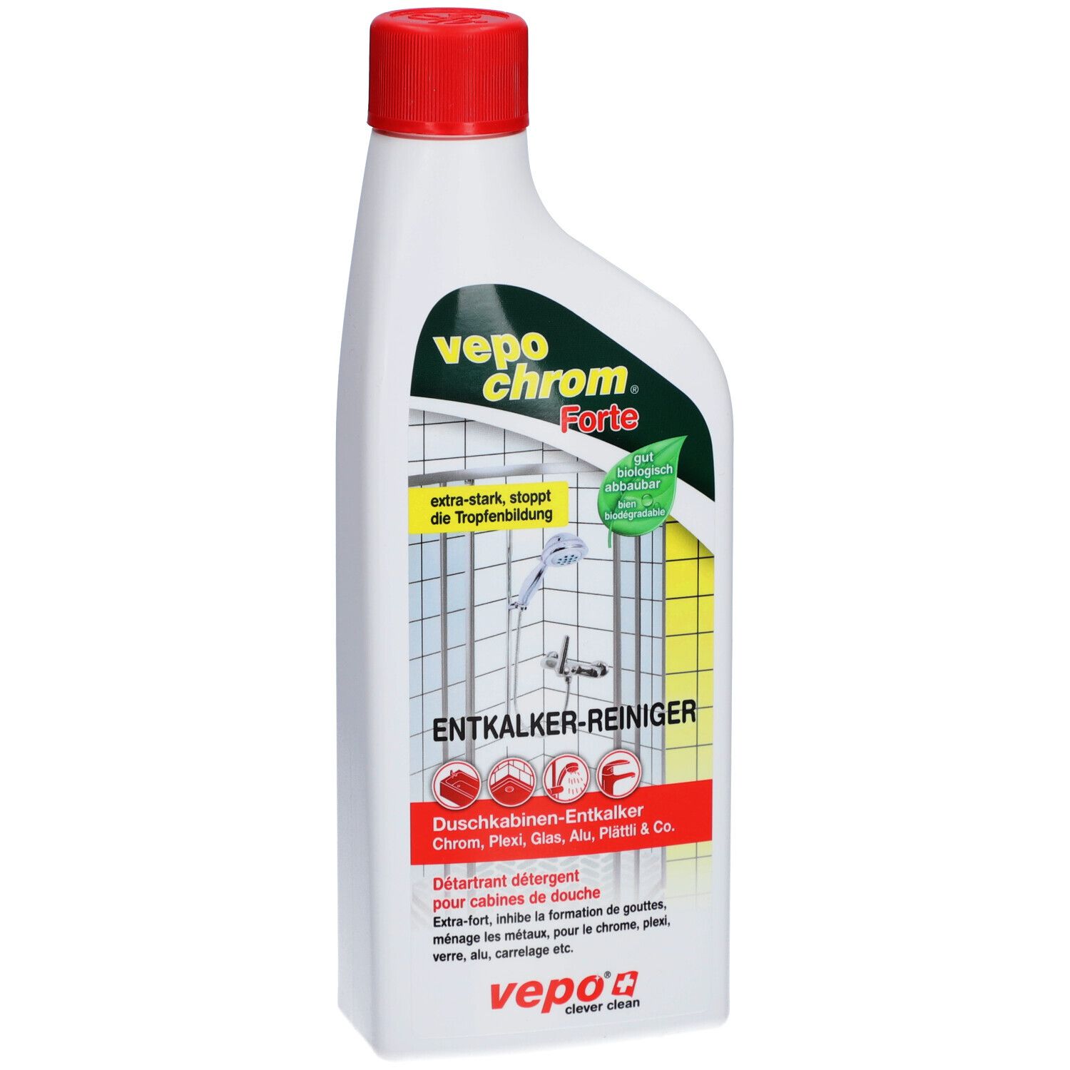 Bouteille blanche avec bouchon rouge, VEPOCHROM Forte Détartrant.