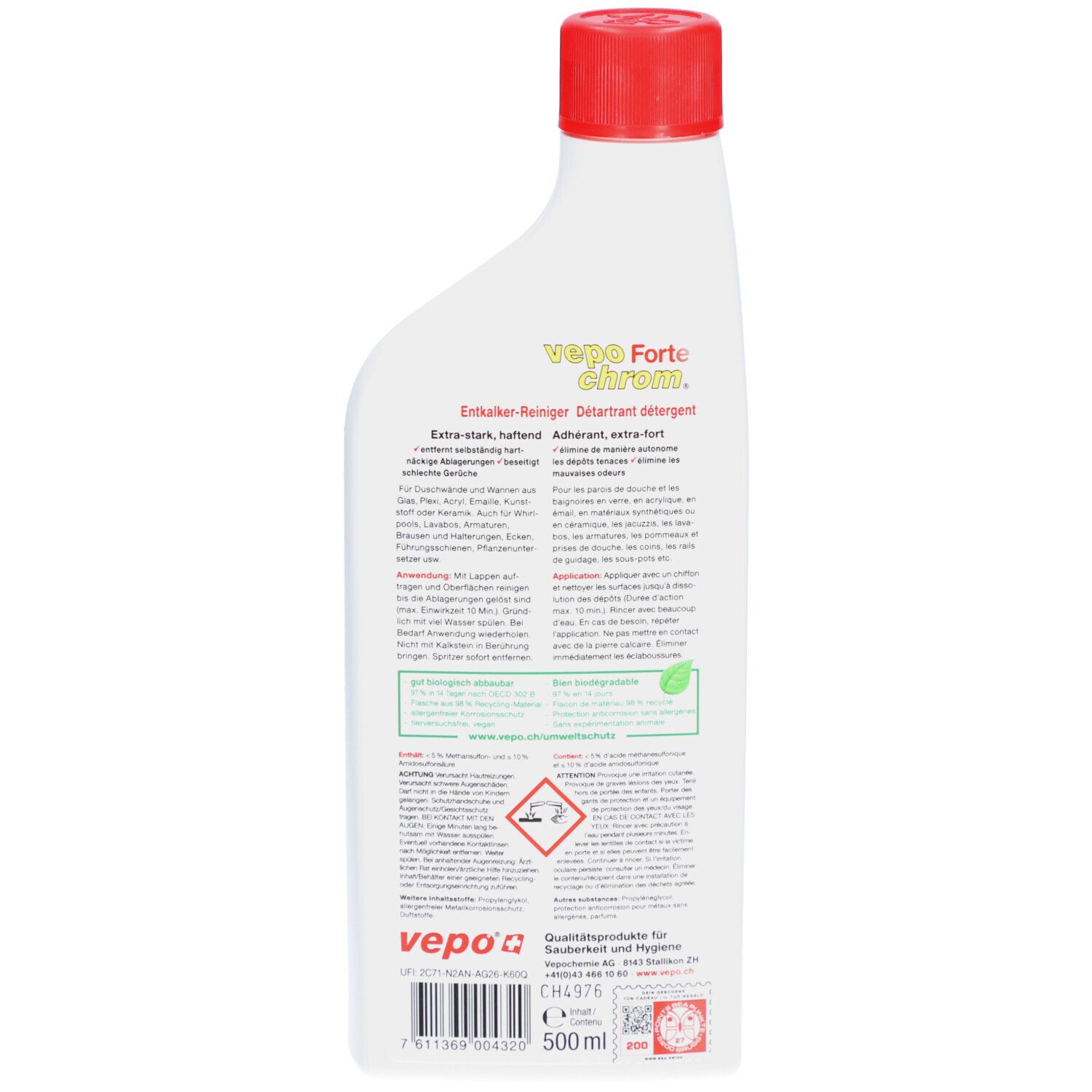 Arrière d'une bouteille blanche avec bouchon rouge, VEPOCHROM Forte Détartrant, 500 ml.
