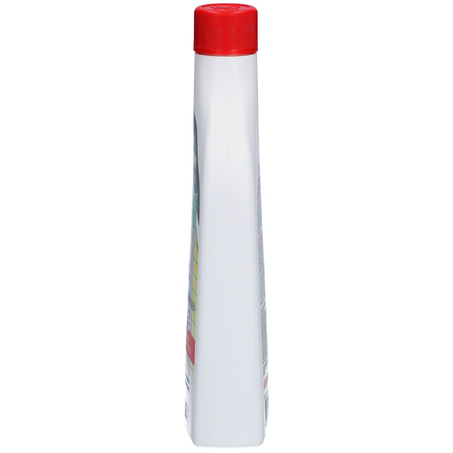 Vue latérale d'une bouteille blanche avec bouchon rouge, VEPOCHROM Forte Détartrant.