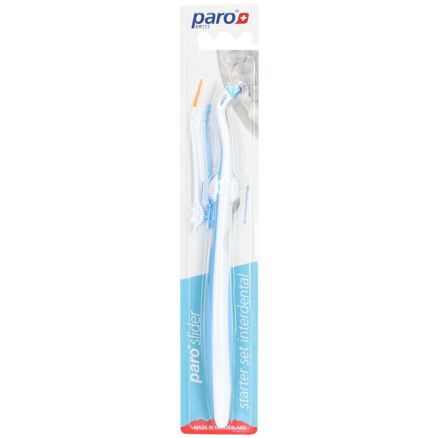 Brosses interdentaires en blister. Manches bleus et blancs, brosses oranges. Inscription "paro slider" et "starter set interdental".