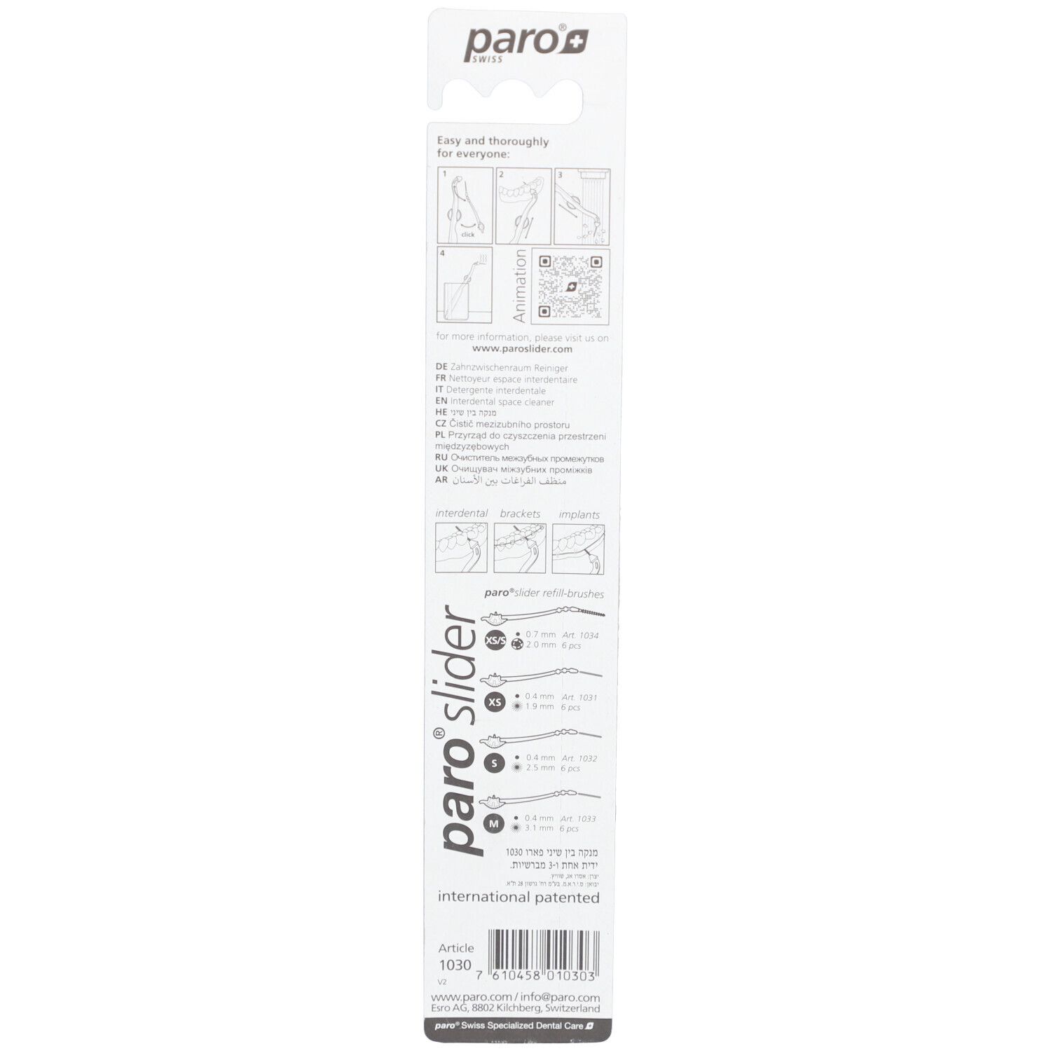 Dos de l'emballage blister avec informations produit. Illustrations, texte multilingue. Inscription "paro slider" et "international patented".