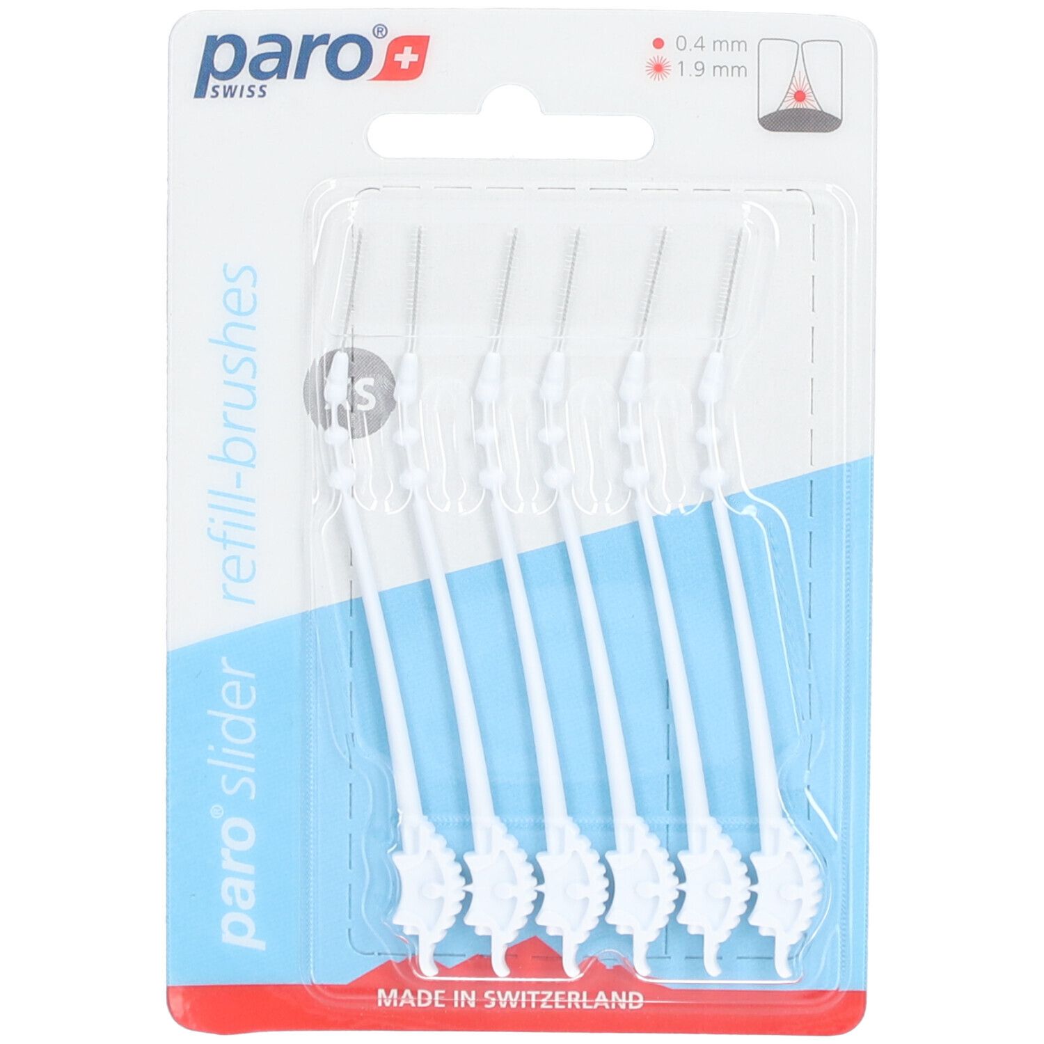 Blister contenant des brosses interdentaires blanches. Six brosses taille XS, diamètre 0,4 mm. Marque : paro swiss.