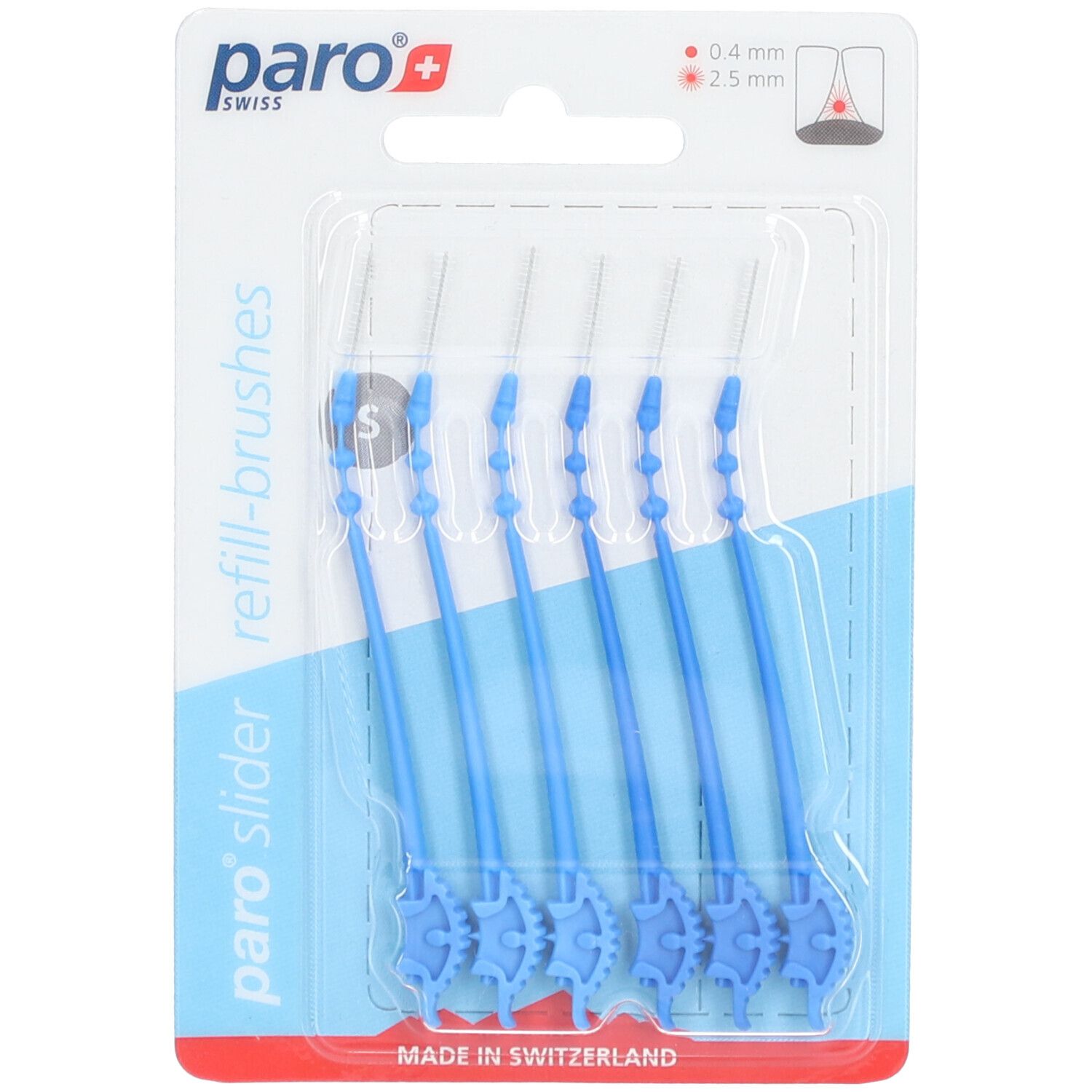 Blister pack de recharges paro® slider. Six brosses bleues, taille S, 2,5 mm. Marque et indication de taille.