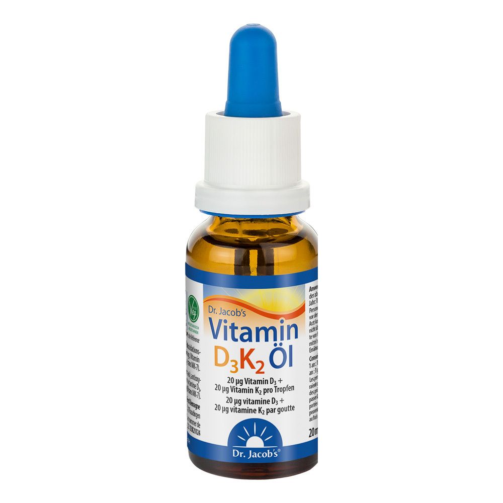 Flacon en verre brun avec pipette bleue. Contient de l'huile de vitamine D3K2. Inscription : Dr. Jacob's Vitamin D3K2 Öl.
