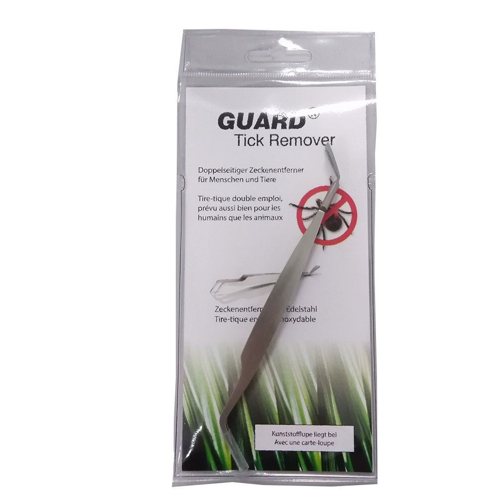 Pince à tiques en emballage plastique. Pince métallique à pointe incurvée. Impression avec nom du produit et illustration.