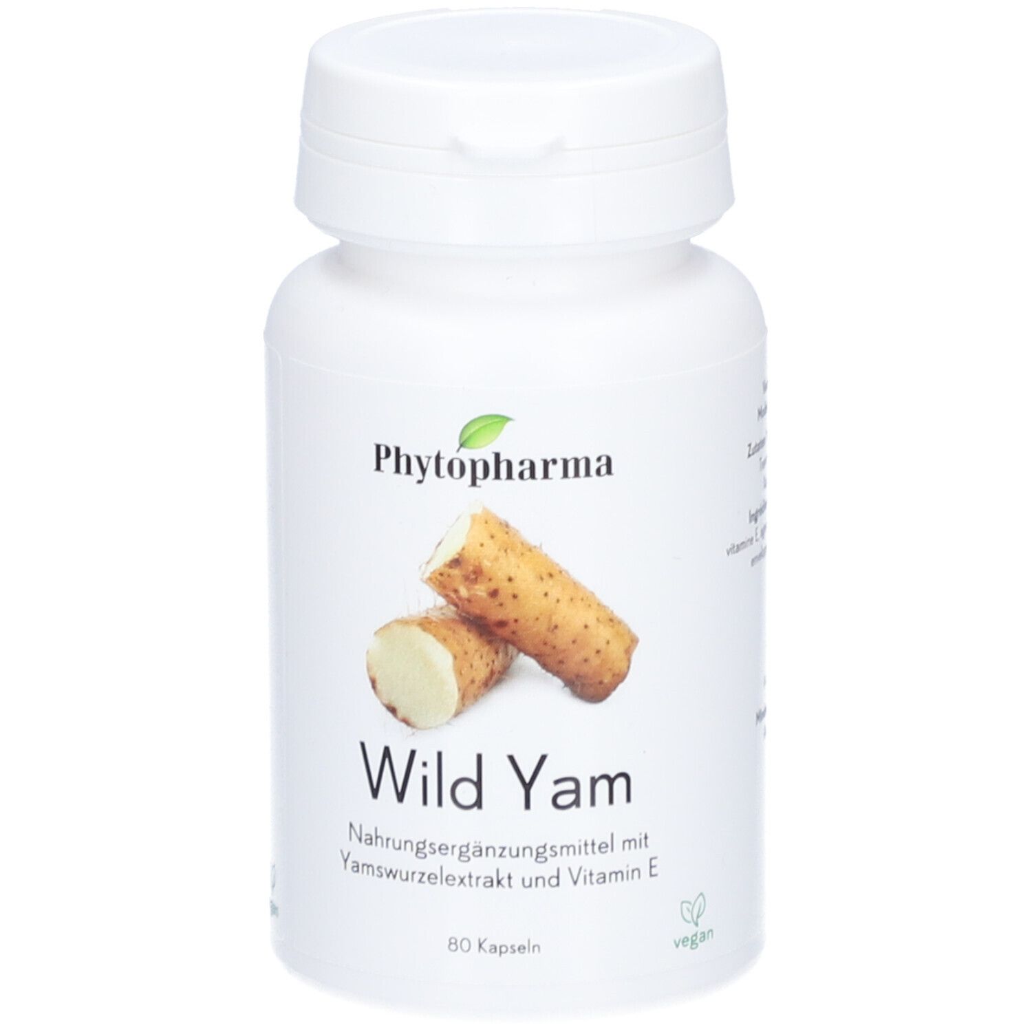 Flacon blanc de gélules. Inscription : PHYTOPHARMA, Wild Yam. Illustration de racines d'igname. Label végan.