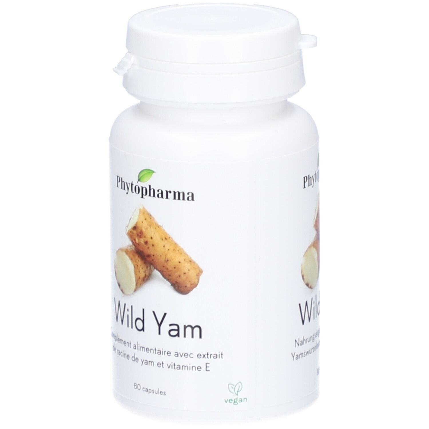 Flacon blanc de gélules. Inscription : PHYTOPHARMA, Wild Yam. Illustration de racines d'igname. Label végan.