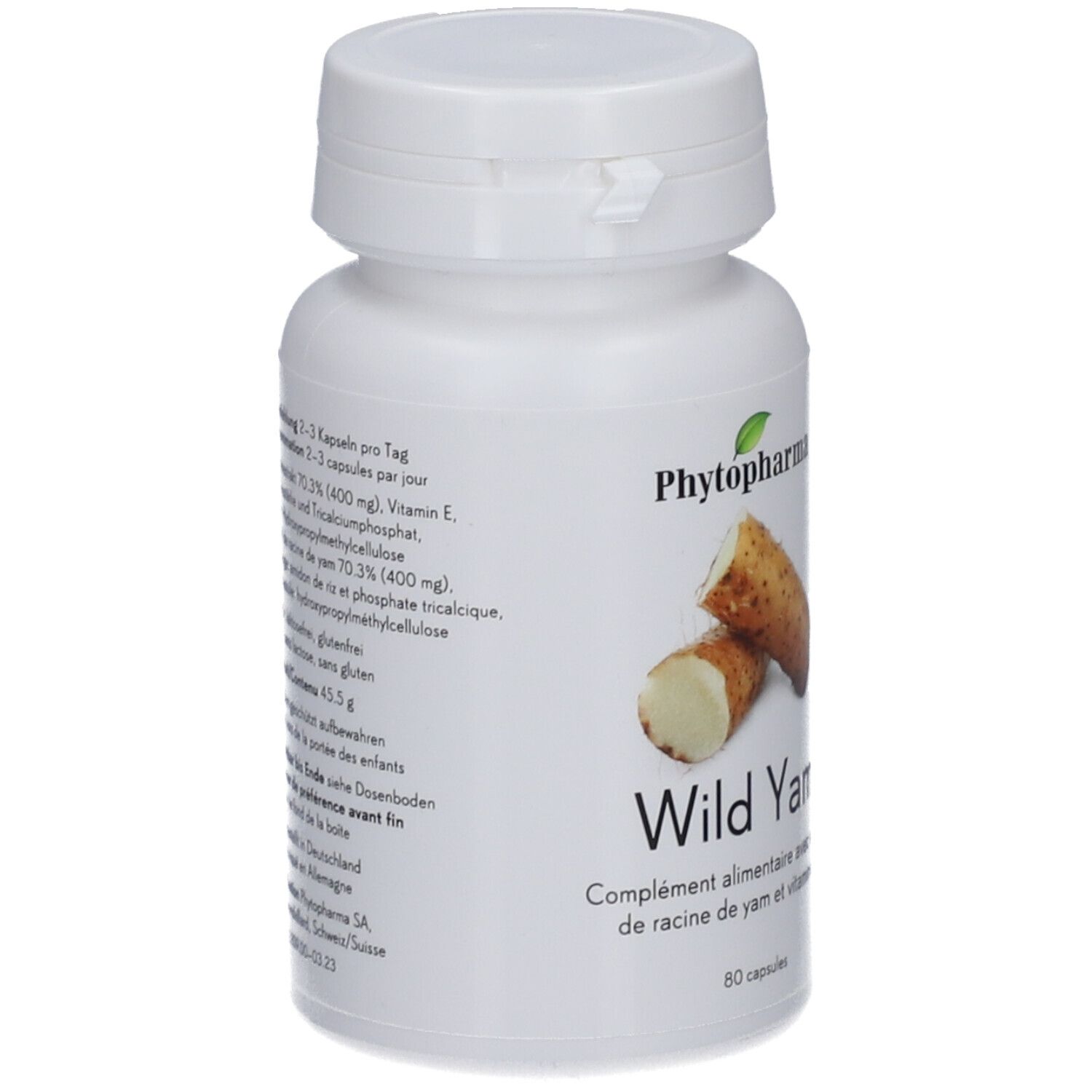Flacon blanc de gélules. Inscription : PHYTOPHARMA, Wild Yam. Illustration de racines d'igname. Label végan.