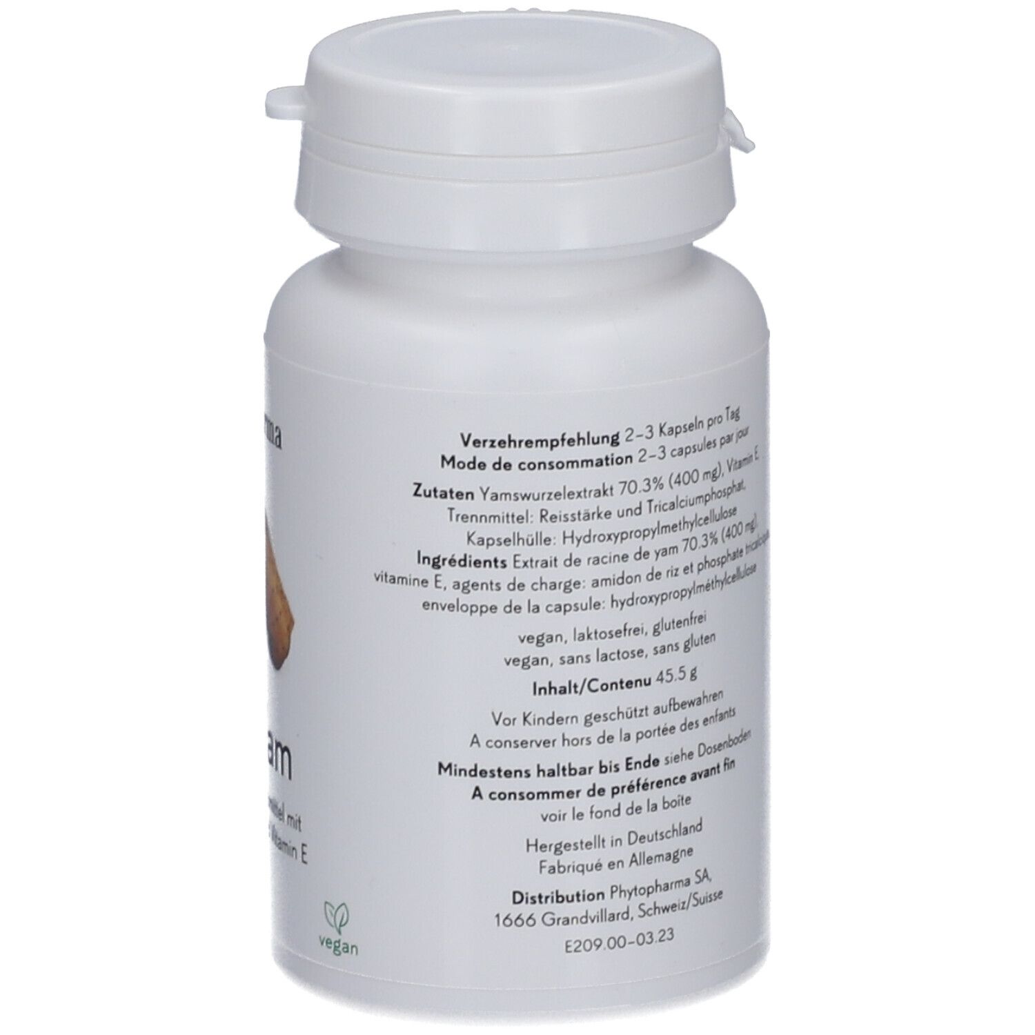 Flacon blanc de gélules. Inscription : PHYTOPHARMA, Wild Yam. Illustration de racines d'igname. Label végan.