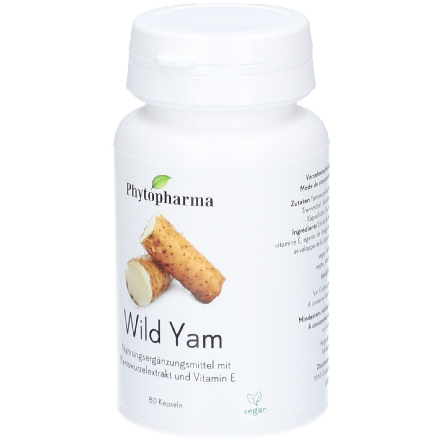Flacon blanc de gélules. Inscription : PHYTOPHARMA, Wild Yam. Illustration de racines d'igname. Label végan.