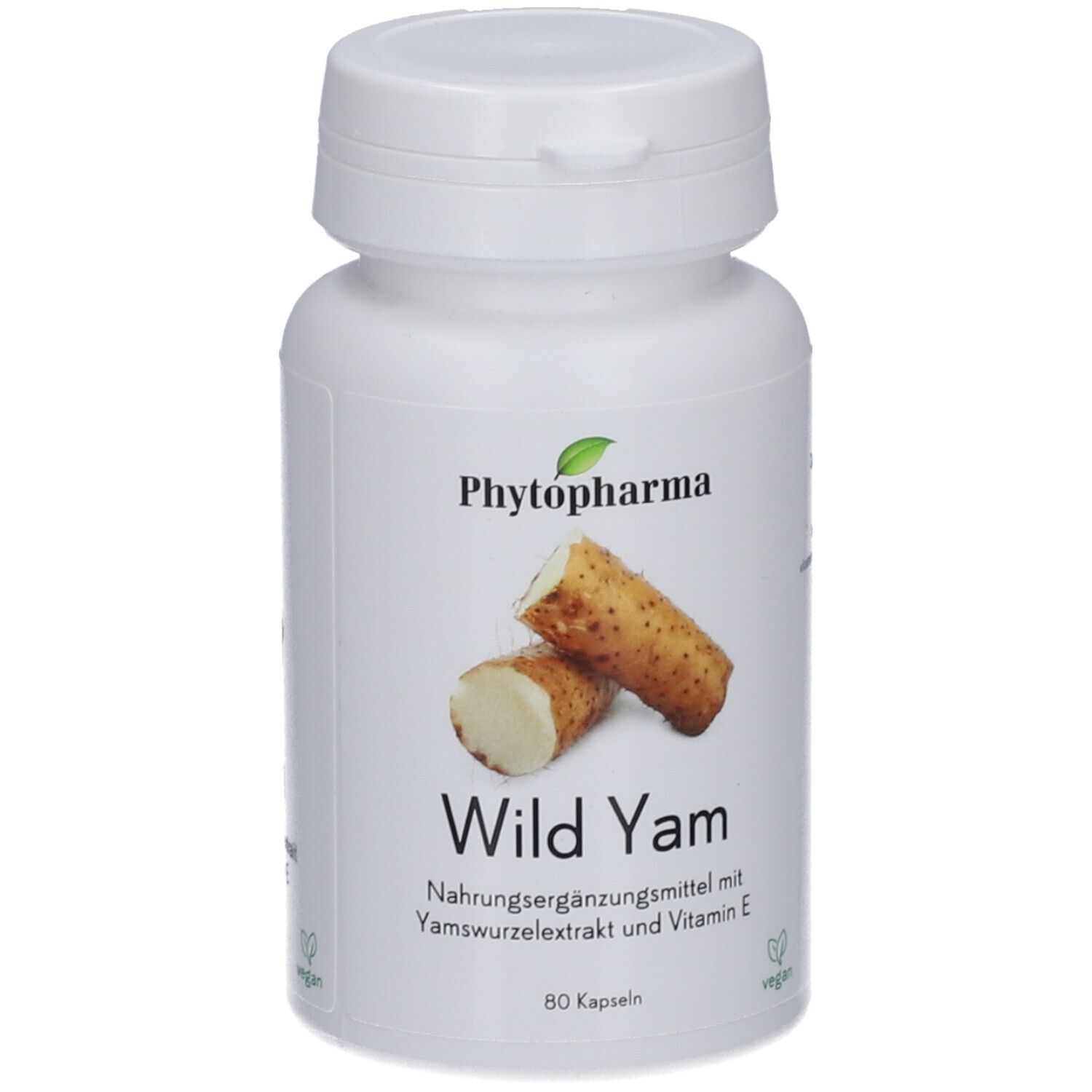 Flacon blanc de gélules. Inscription : PHYTOPHARMA, Wild Yam. Illustration de racines d'igname. Label végan.
