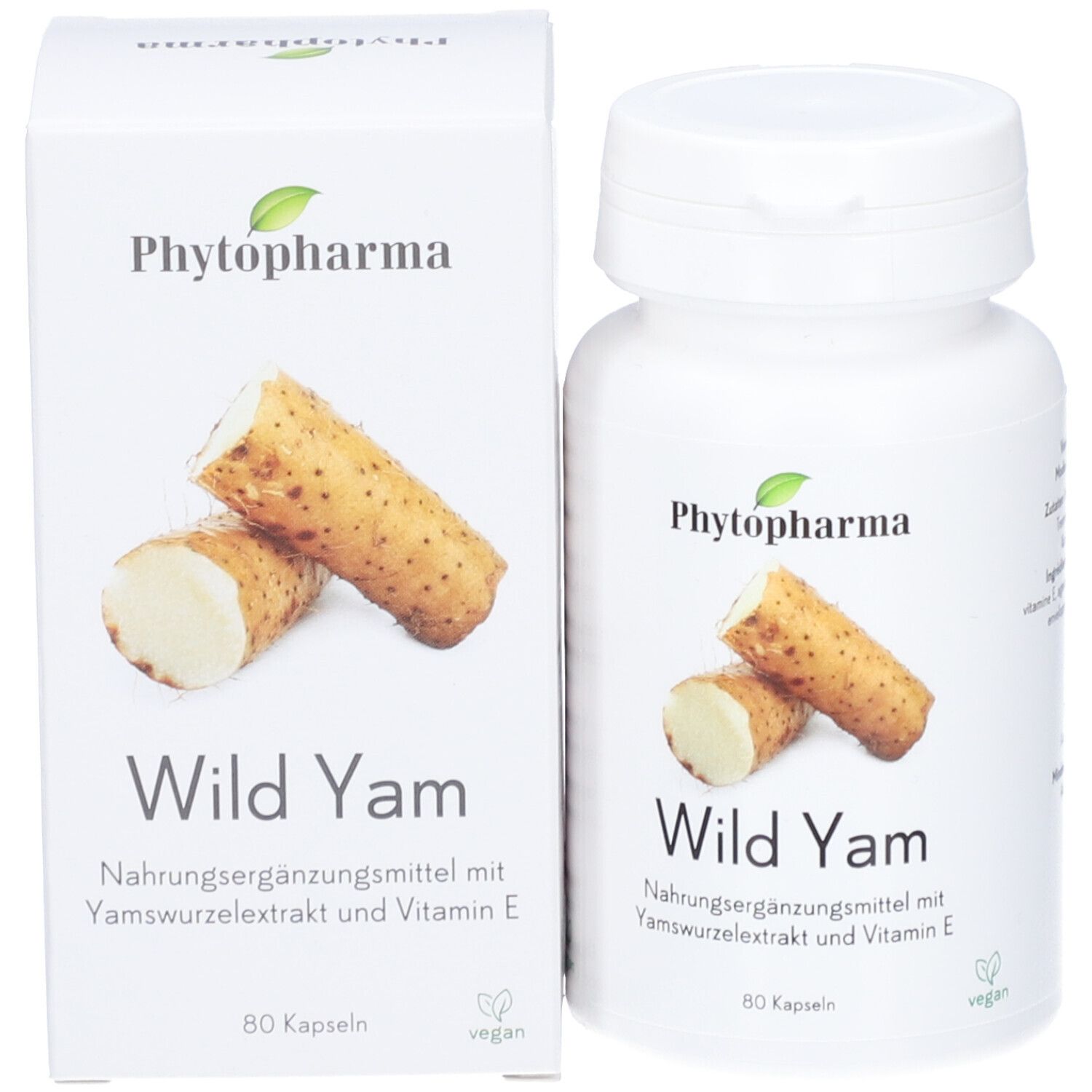 Flacon blanc de gélules. Inscription : PHYTOPHARMA, Wild Yam. Illustration de racines d'igname. Label végan.