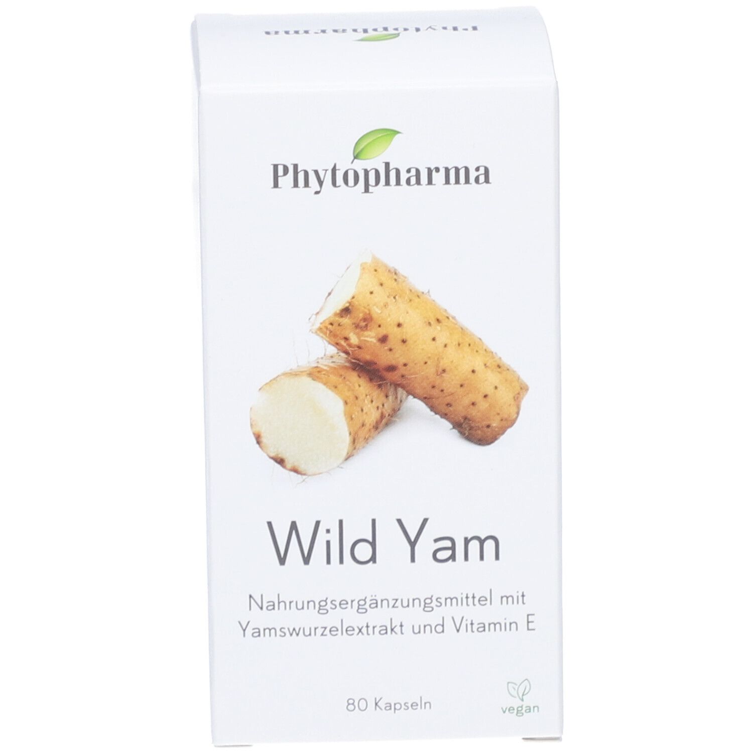 Flacon et boîte blancs de gélules. Inscription : PHYTOPHARMA, Wild Yam. Illustration d'igname. Label végan.