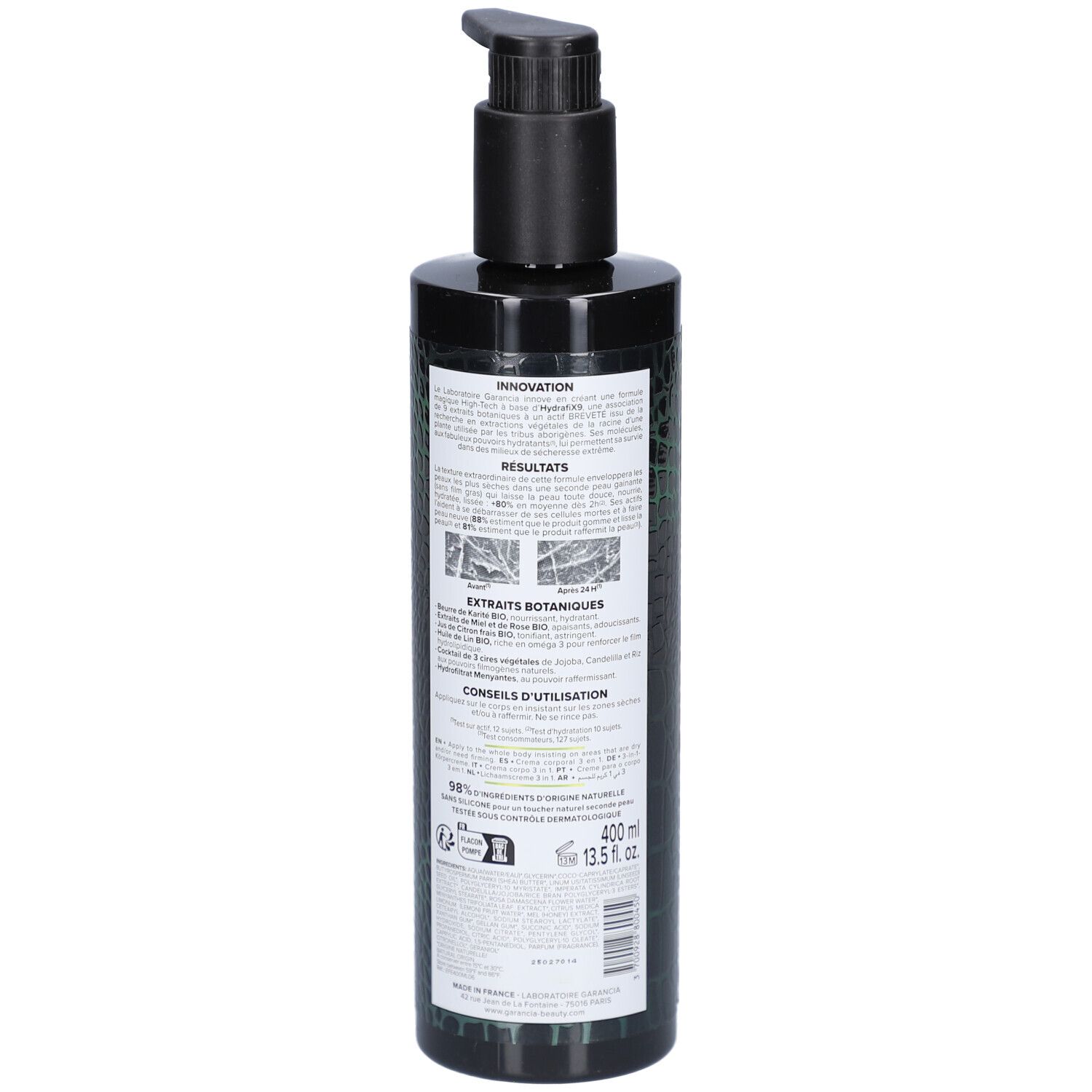 Garancia Formule Magique 3en1: Arrière du flacon noir avec informations produit.