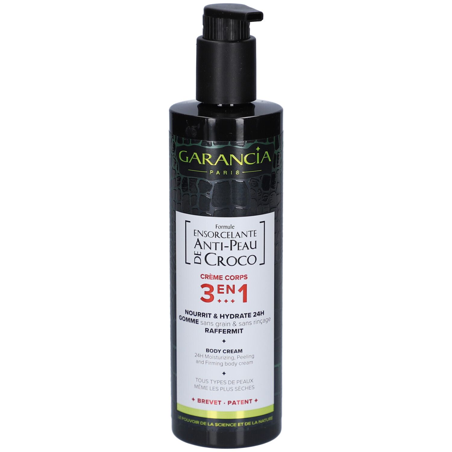 Garancia Formule Magique 3en1: Flacon noir avec pompe, motif peau de crocodile.