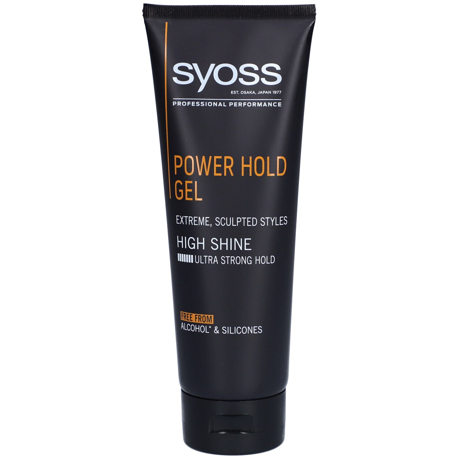 Tube noire de gel Syoss Power Hold. Texte: Extreme, Sculpted Styles, High Shine, Ultra Strong Hold. Sans alcool ni silicones.