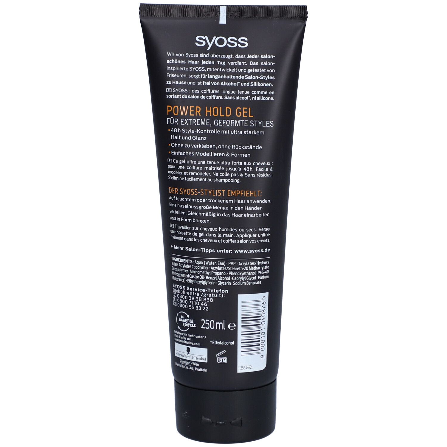 Dos de la tube noire Syoss Power Hold Gel. Texte en allemand, français, italien. 250ml. Ingrédients. Symbole de recyclage.