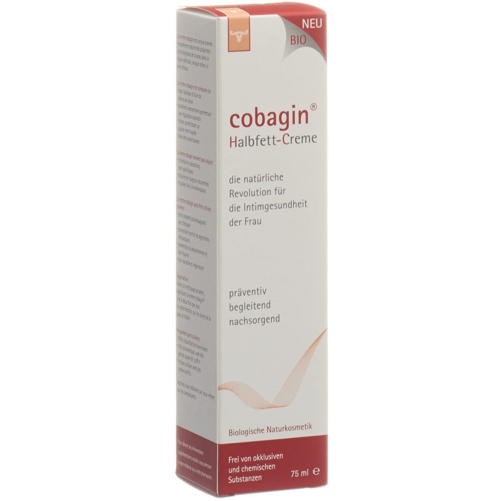 Emballage carton COBAGIN Halbfett-Creme avec informations produit et label BIO.