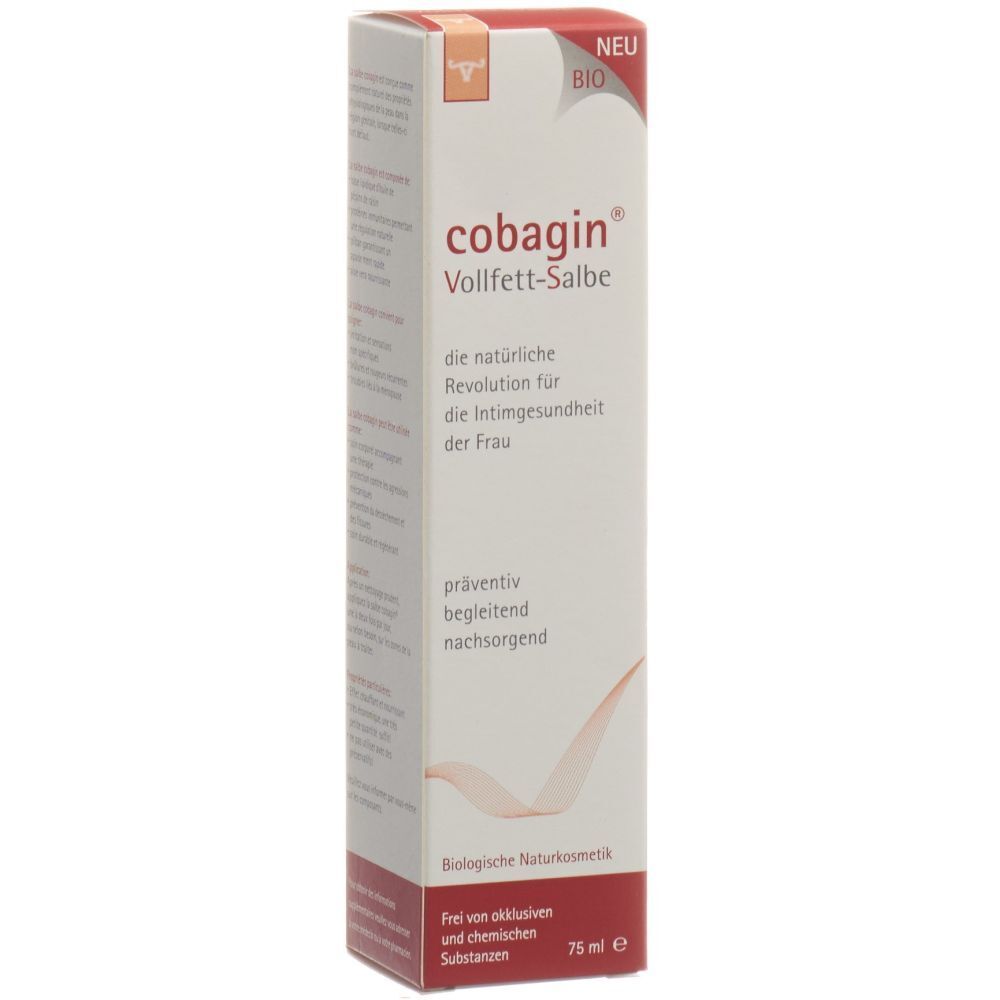 Boîte blanche avec texte rouge et orange. "NEU BIO" en haut. En dessous, "cobagin Vollfett-Salbe".