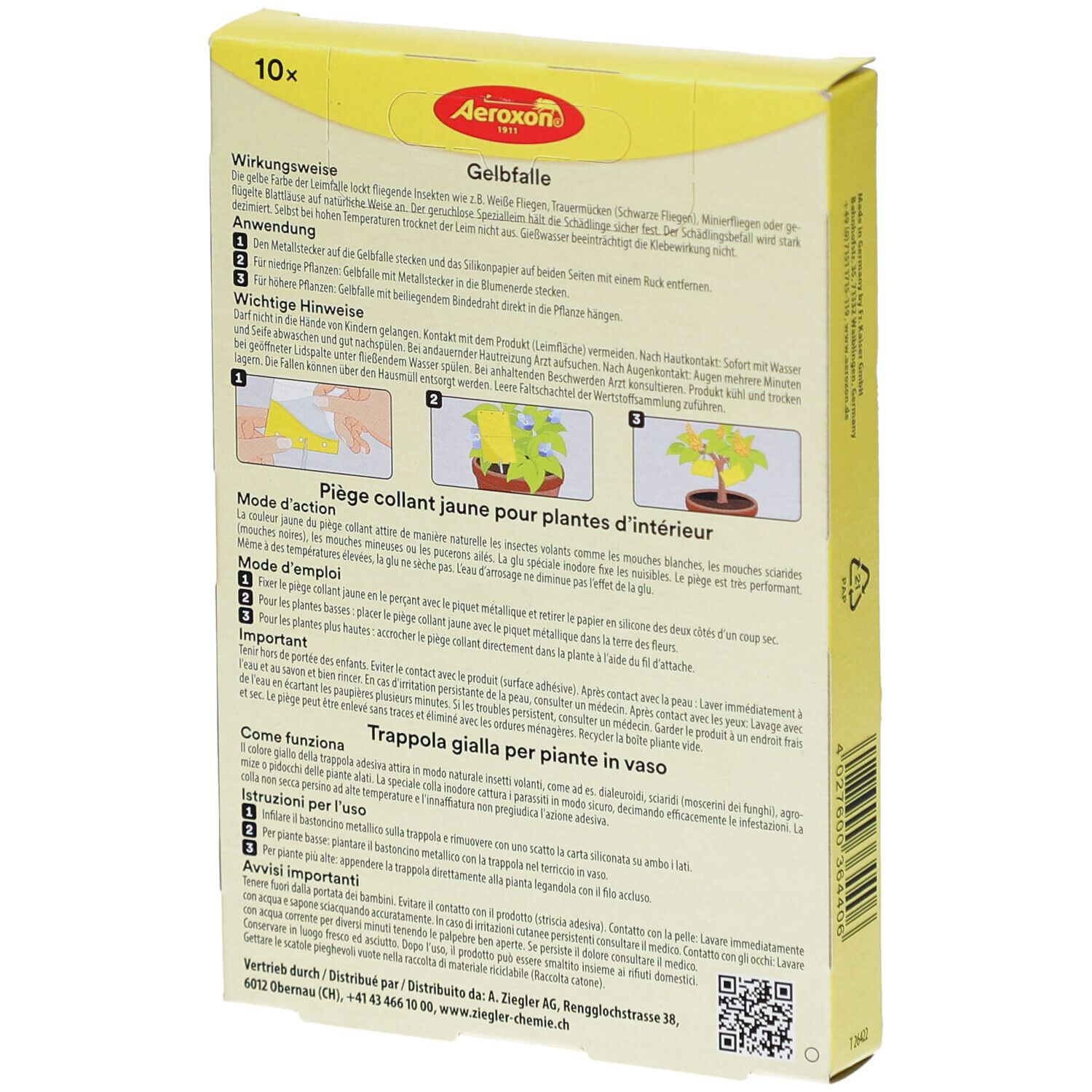 Dos de l'emballage du piège collant jaune. Texte en allemand, français et italien. Illustrations d'utilisation.