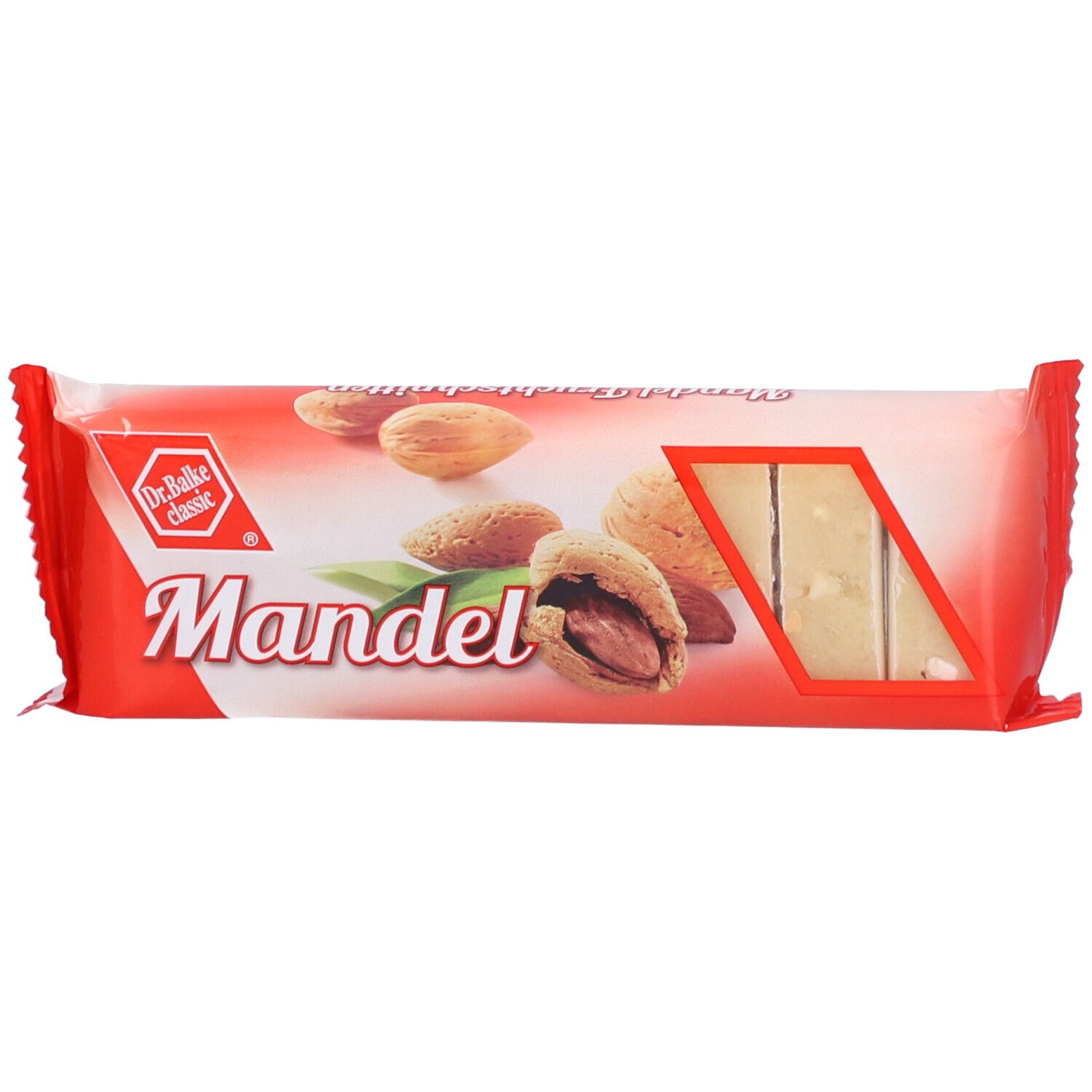 Emballage de barre avec illustration d'amandes et nom du produit. Fenêtre montrant la barre. Rouge et blanc.