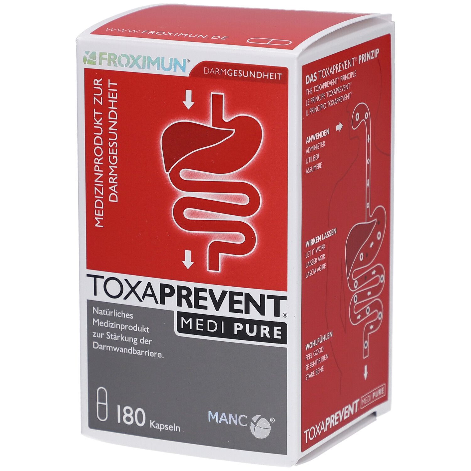 Boîte TOXAPREVENT MEDI PURE. Emballage rouge et blanc avec informations produit et 180 gélules.