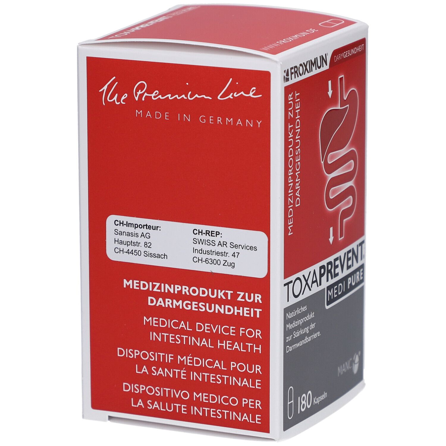Boîte TOXAPREVENT MEDI PURE. Emballage rouge et blanc avec informations produit, adresse fabricant et 180 gélules.