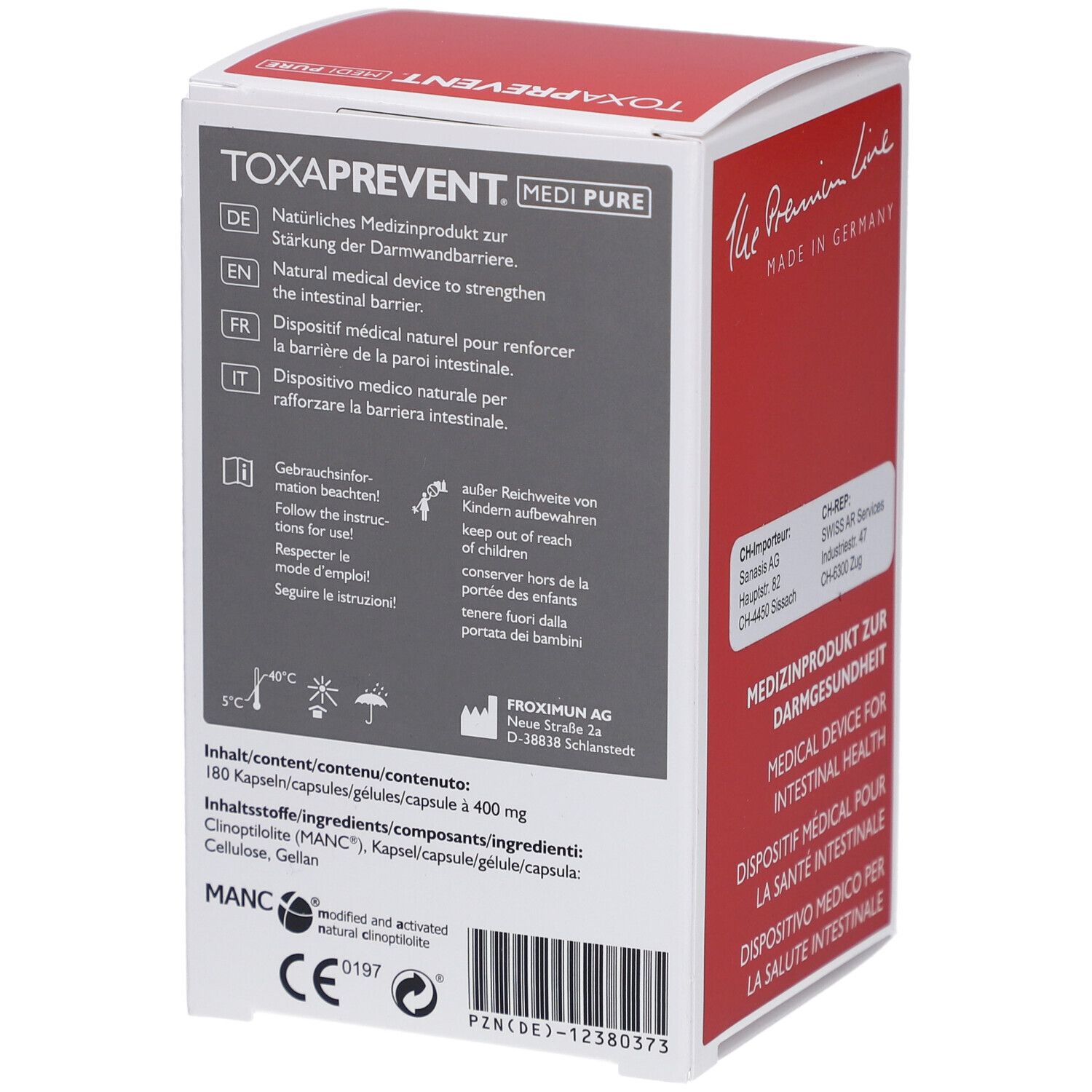 Dos de la boîte TOXAPREVENT MEDI PURE. Informations produit, ingrédients, avertissements et marquage CE.