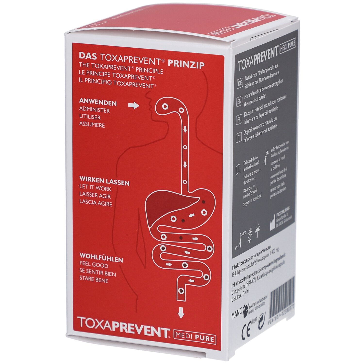 Boîte TOXAPREVENT MEDI PURE. Emballage rouge et blanc avec schéma du système digestif.
