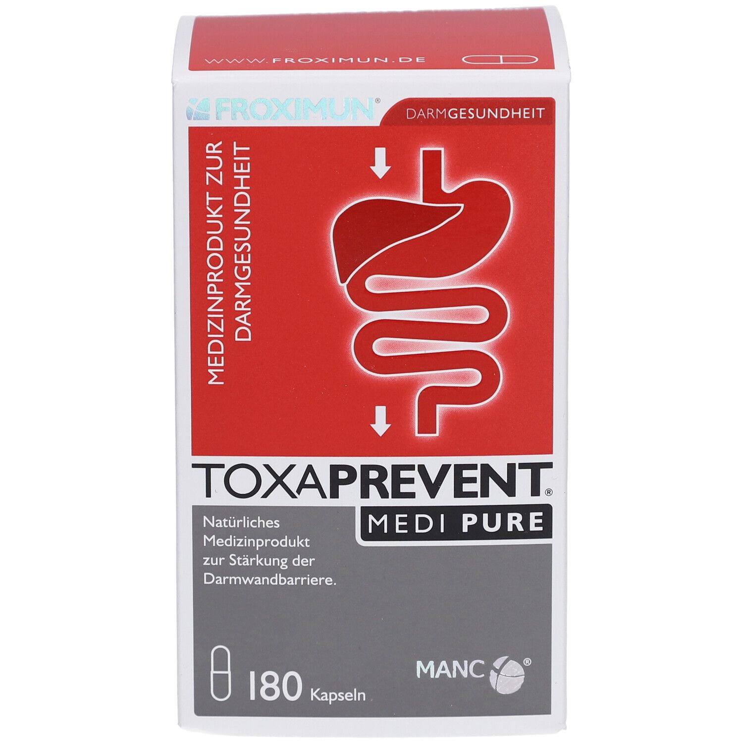 Boîte TOXAPREVENT MEDI PURE. Emballage rouge et blanc avec informations produit et 180 gélules.