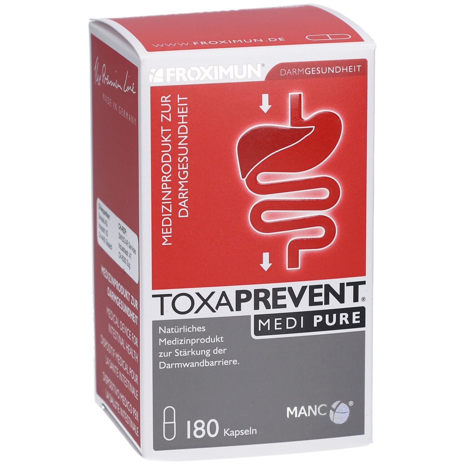 Boîte TOXAPREVENT MEDI PURE. Emballage rouge et blanc avec informations produit et 180 gélules.