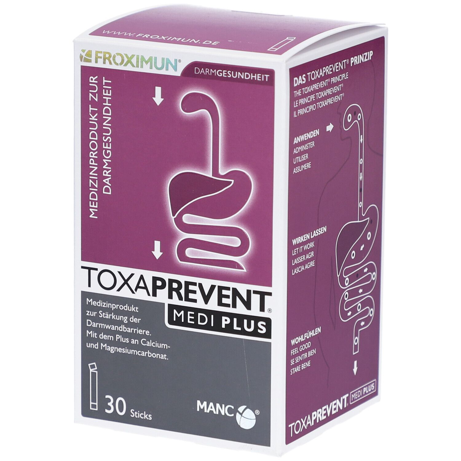 Boîte de TOXAPREVENT MEDI PLUS. Illustration du produit et texte. Contient 30 sticks.