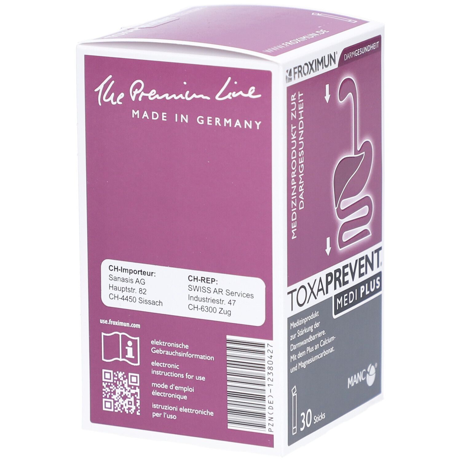 Dos de la boîte TOXAPREVENT MEDI PLUS. Texte et QR code. Fabriqué en Allemagne.
