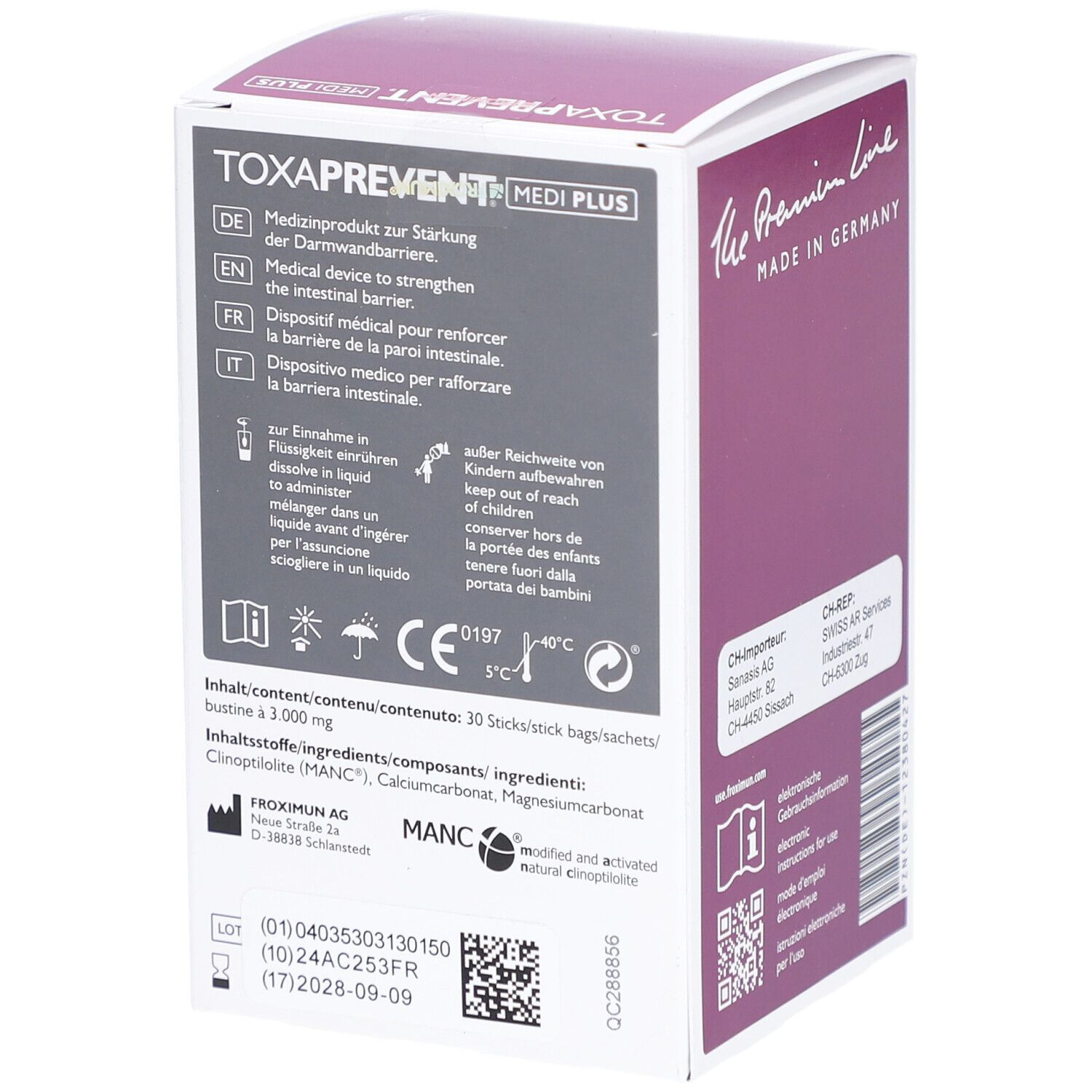 Boîte de TOXAPREVENT MEDI PLUS. Texte multilingue. Ingrédients et numéro de lot.