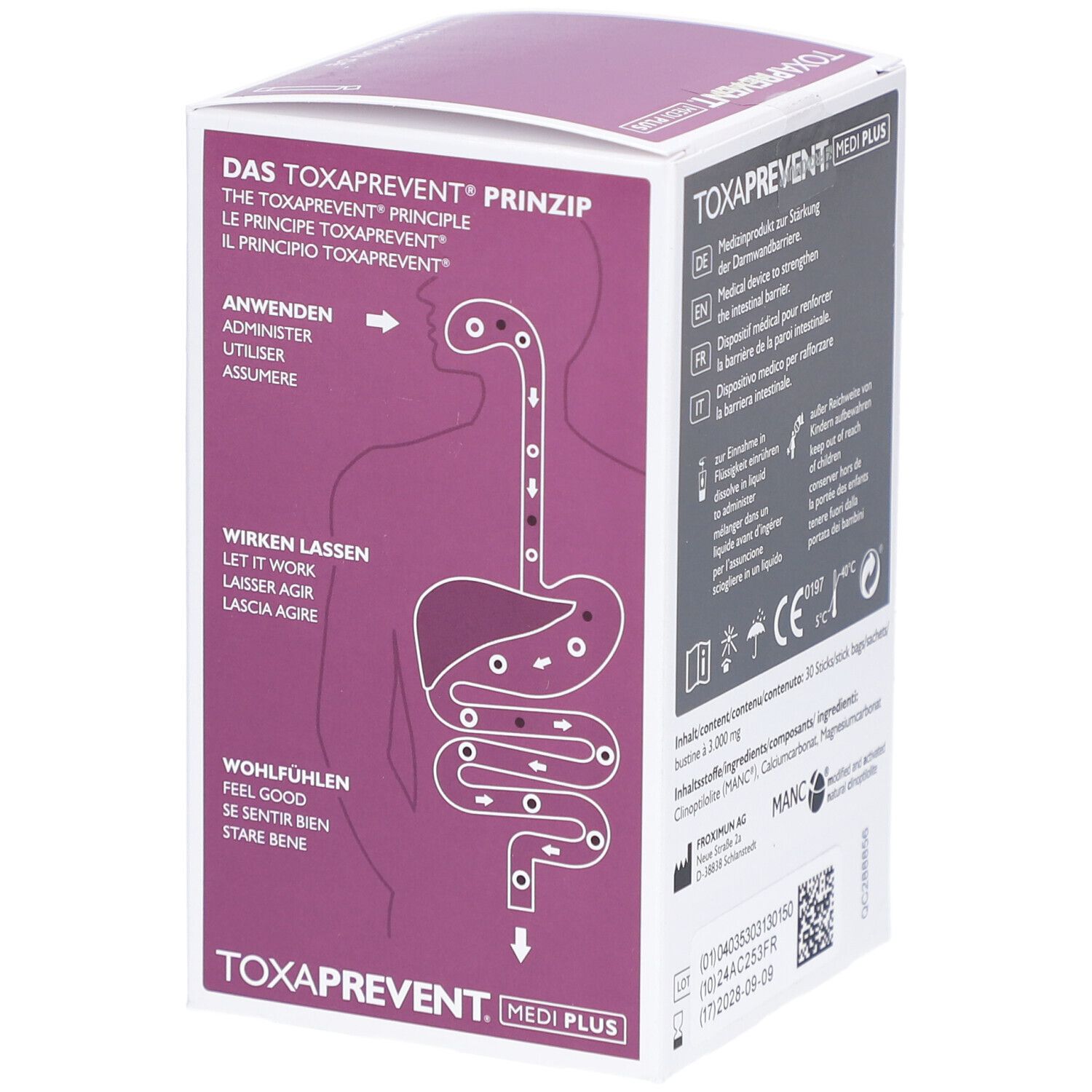 Côté de la boîte TOXAPREVENT MEDI PLUS. Illustration du principe actif. Texte.