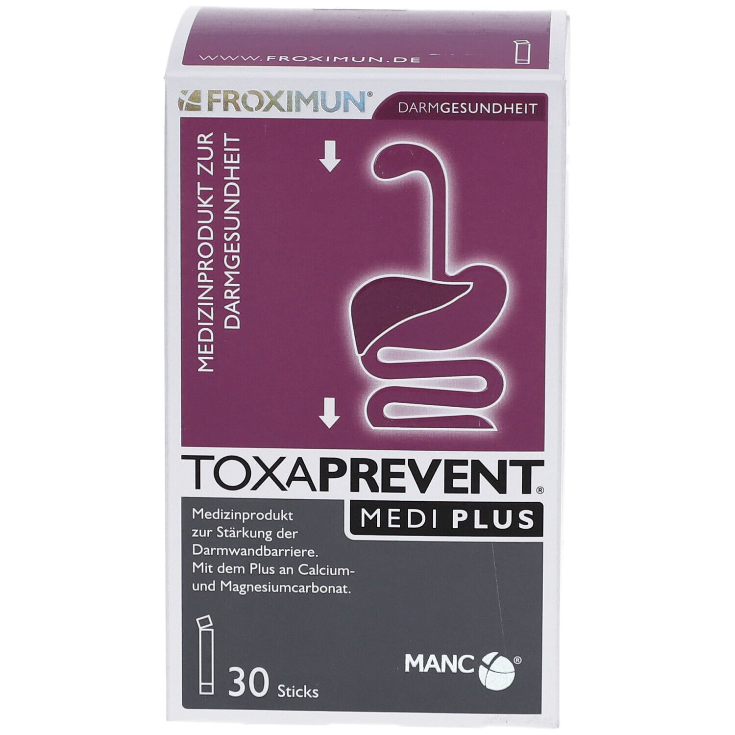 Boîte de TOXAPREVENT MEDI PLUS. Illustration du produit et texte. Contient 30 sticks.