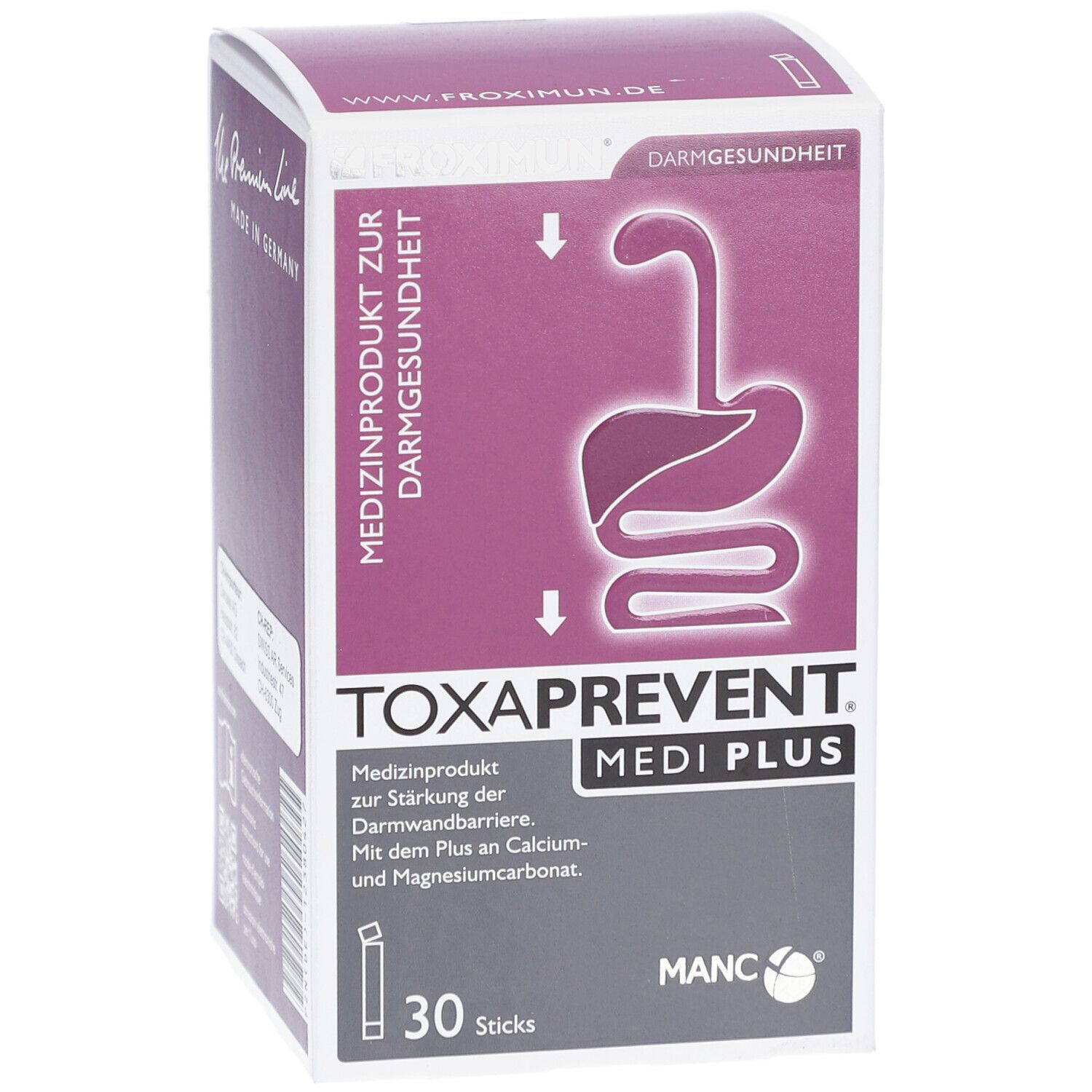 Boîte de TOXAPREVENT MEDI PLUS. Illustration du produit et texte. Contient 30 sticks.