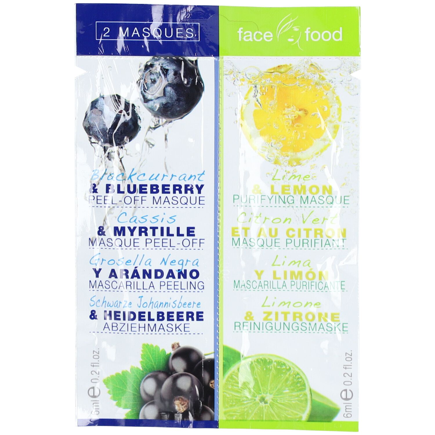 Paquet de deux masques. Masque myrtille et cassis, citron vert et citron. Face avant avec illustrations et texte.